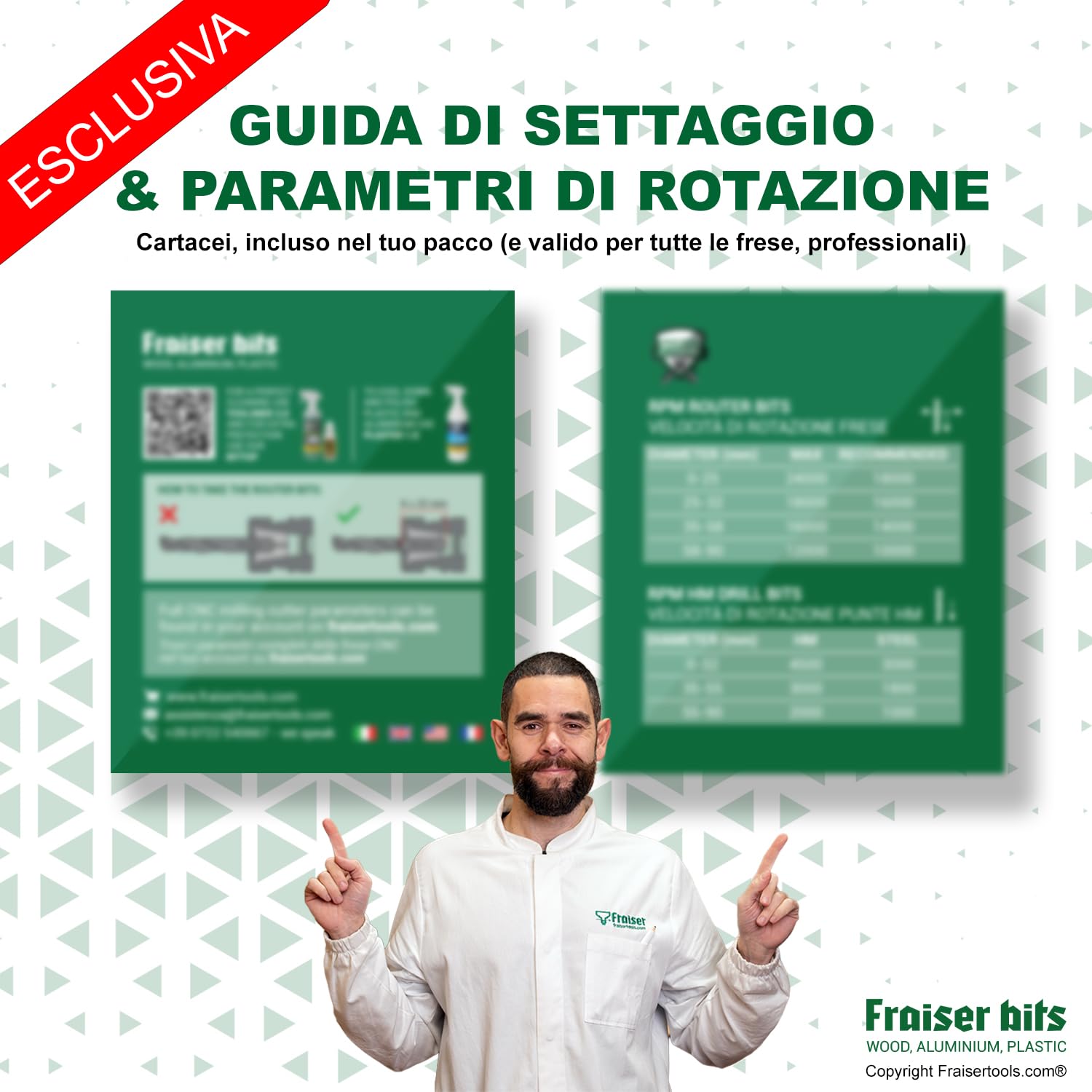 Fraiser Set di frese per legno, 3 frese ad inserti, gambo 8 mm, per fresatrice verticale, rifilatore e banco fresa - Kit base professionale