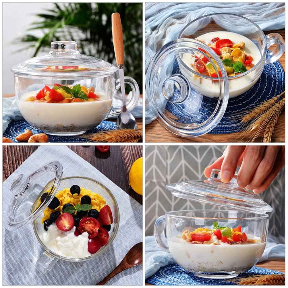 Szklana miska deserowa 600 ml z uchwytem i pokrywką, przezroczysta miska do mieszania i serwowania zupy do ryżu, sałatki, jogurtu, makaronu, płatków śniadaniowych, pojemnik do przechowywania żywności