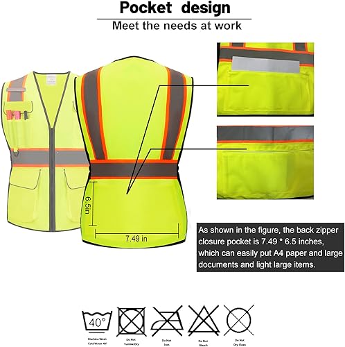 Miniatura 6 de Chaleco de seguridad para mujer clase 2 Hi Vis reflectante con 11 bolsillos y cremallera, cumple con las normas ANSIISEA