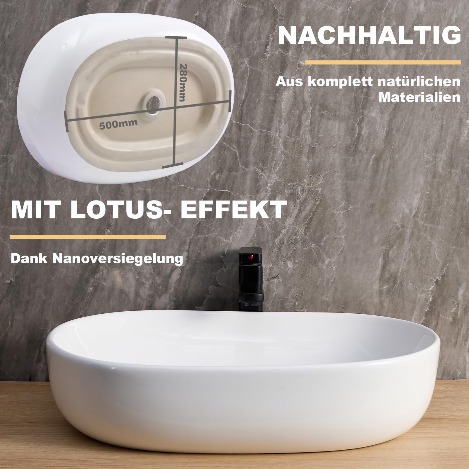 Lavabo ovale en céramique sanitaire de qualité supérieure - 60 x 40 x 15 cm - Lavabo à poser, pour salle de bain et WC d'invités - Sans trou de robinetterie et trop-plein - Blanc - 60 x 40