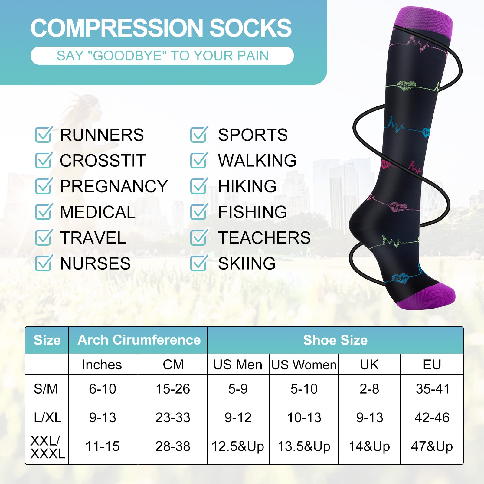 Calze a Compressione, (7 paia) per Uomo e Donna 15-20 mmHg sono le Migliori per L'atletica, la Corsa, i Viaggi aerei, il Supporto