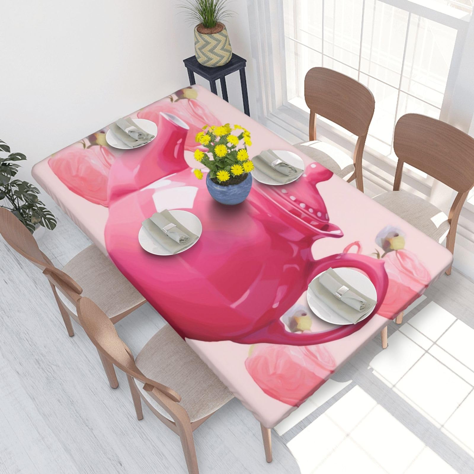 DCARSETCV Teapot Printed 4FT Waterproof Tablecloth with Elastic Edged Protect & Decor Your Table, Oil-proof Washable Table Cloth Cover for Dinner Picnic Party