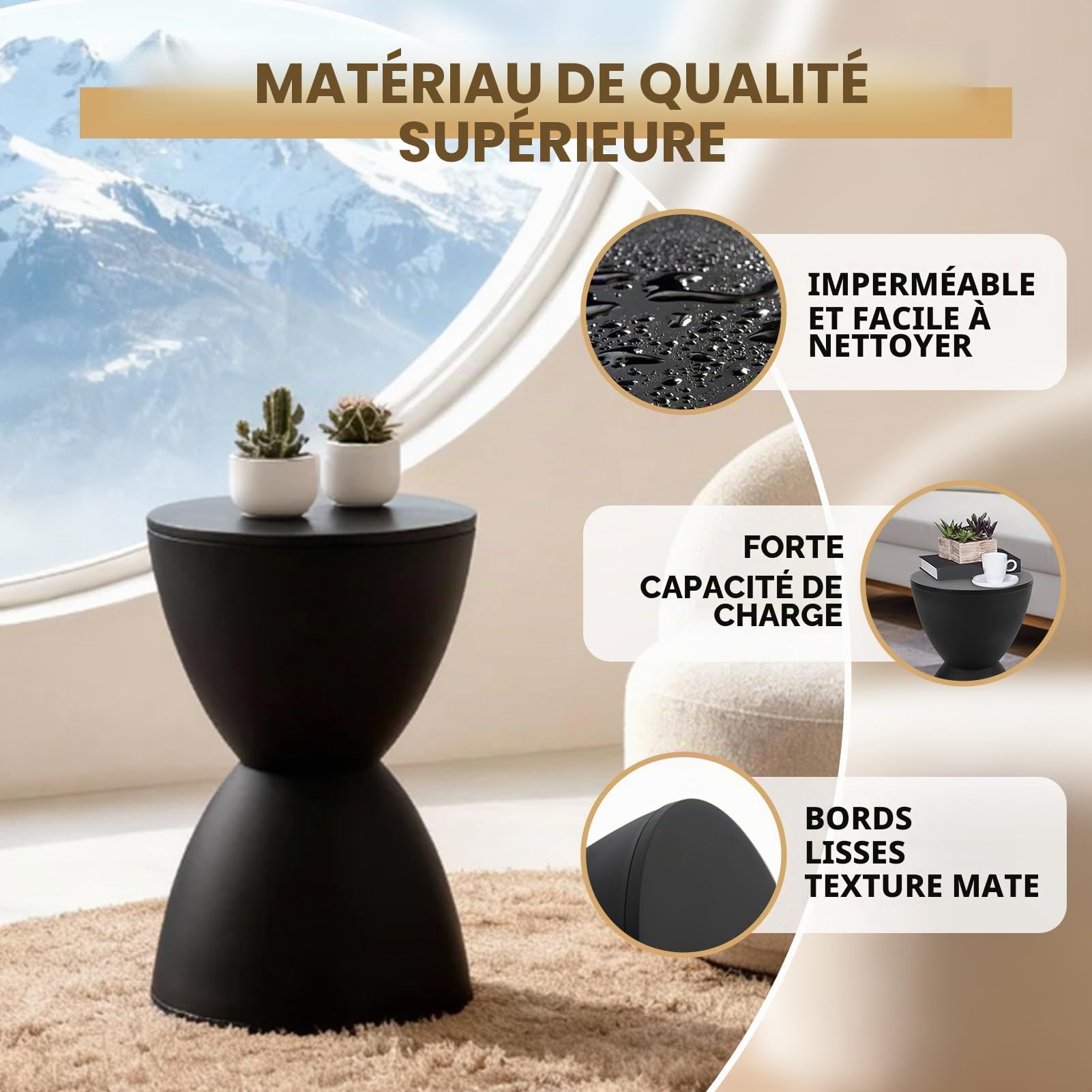 Tabouret en forme de sablier créatif, Petite table ronde, Ottoman pour salon et chambre, table de chevet, style moderne 43 x 30 cm (noir)