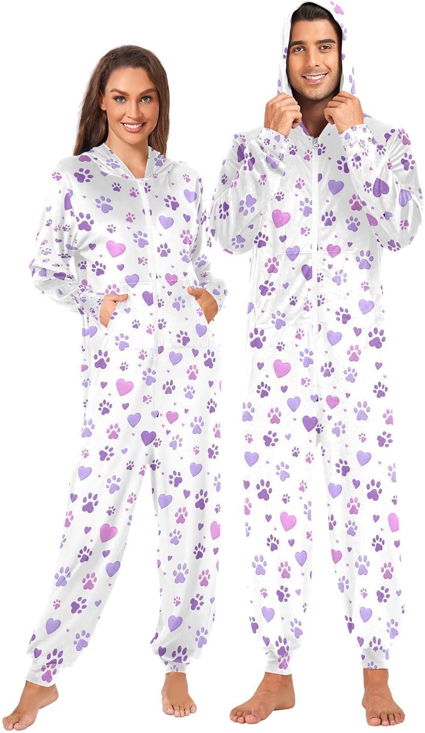 ALAZA Color Dog Paw Heart Love Adult Onesie Unisex Pajamas One-Piece Costume Hooded Jumpsuit Sleepwear for Men Women