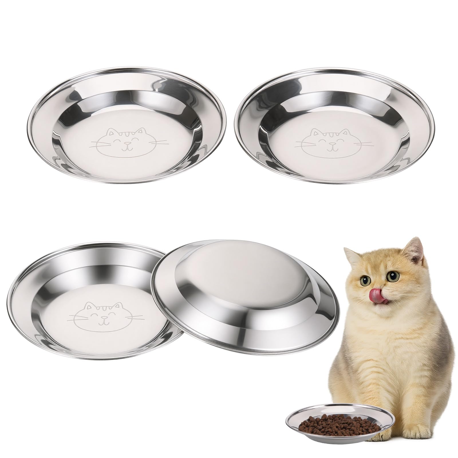 TranRantic 4 Pack Stainless Steel Cat Bowl, Whisker Friendly Cat Food Bowl, 16cm Shallow Wide Kitten Bowls for Food and Water, Metal Cat Plates for Puppy, Small Dogs, Rabbits (Smiley Cat Pattern)
