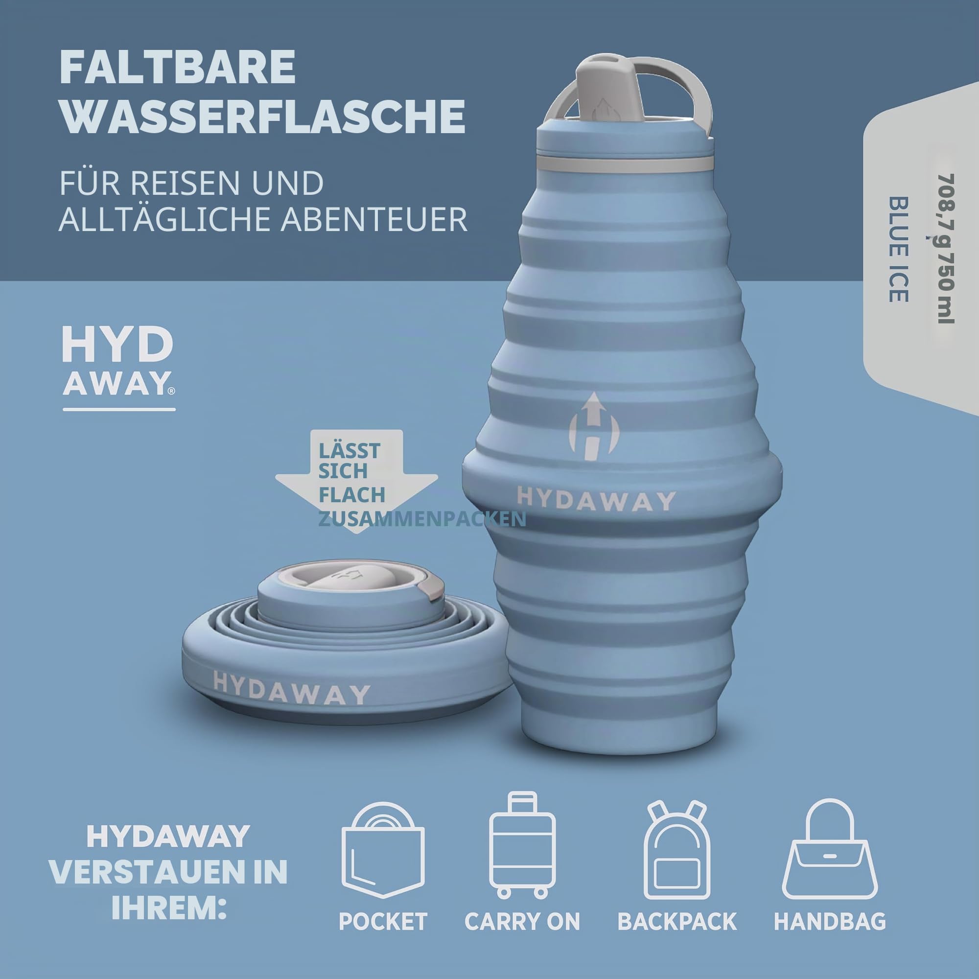 HYDAWAY | zusammenklappbare Wasserflasche mit Auslaufdeckel| ultra-packbar und reisefreundlich | aus lebensmittelechtem Silikon | 750 ml | Design mit großer Kapazität. Flach zusammenklappbar für Handgepäck, Tagesrucksäcke, Wanderrucksäcke. Auslaufsicher,