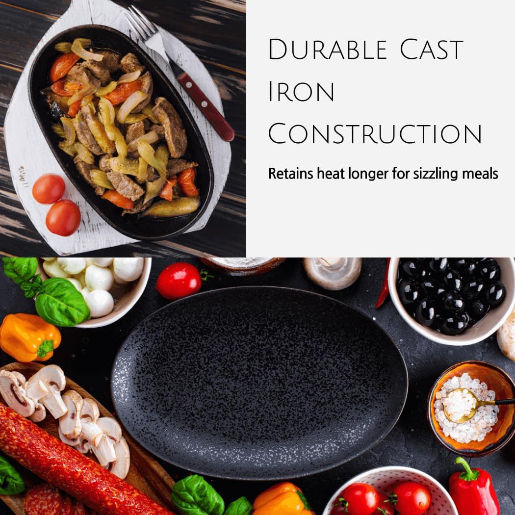 JapanBargain, Set of 2 Sizzling Steak Plates with Wooden Base Cast Iron Fajita Skillet Server Plate for Home or Restaurant Use, Induction Cookware, 4 Set