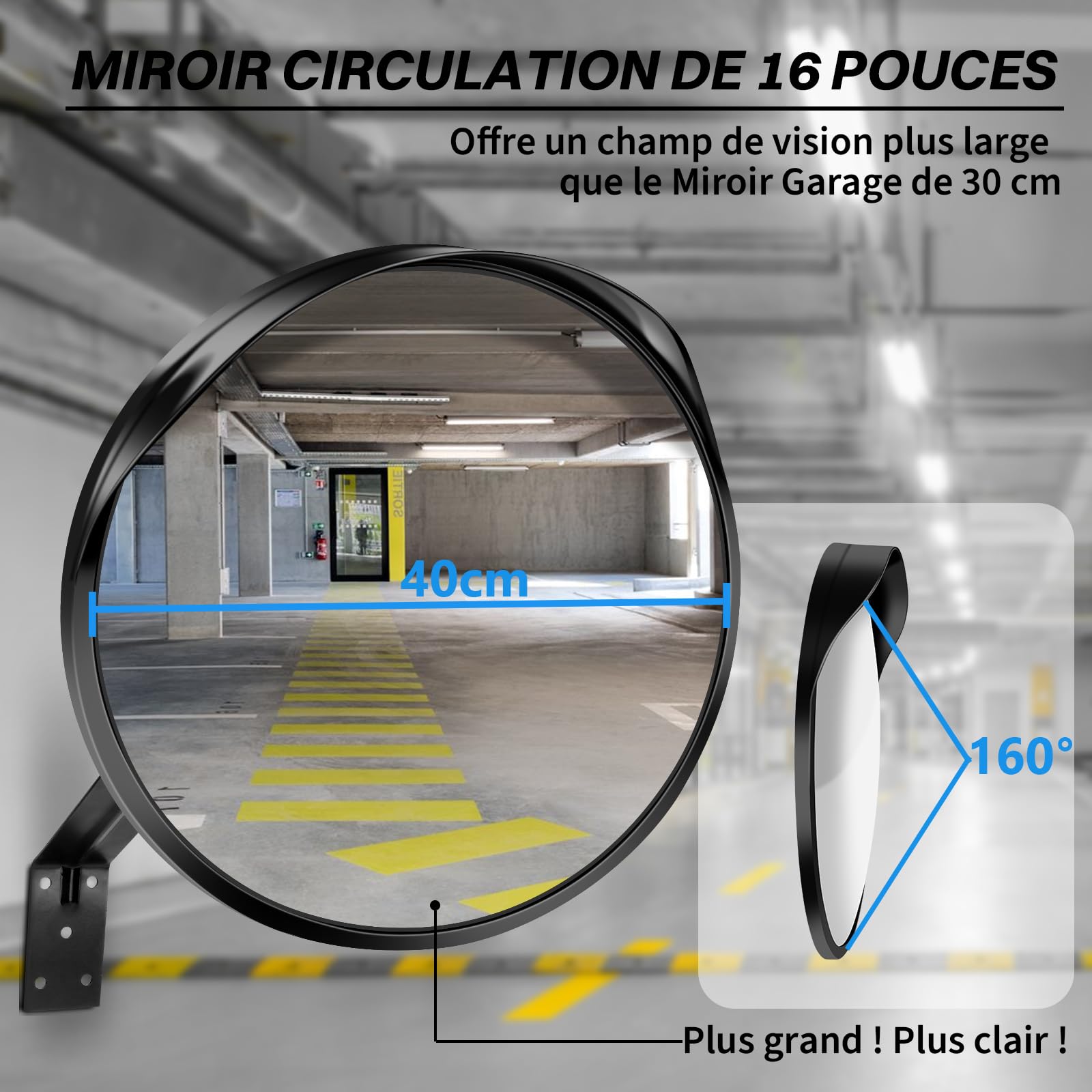 Pineovtya Miroir de Circulation 40 cm, Convexe en Acrylique, 160° | Grand angle réglable, pour réduire les angles morts dans allée, garage, rue, parking, magasin, usage intérieur et extérieur