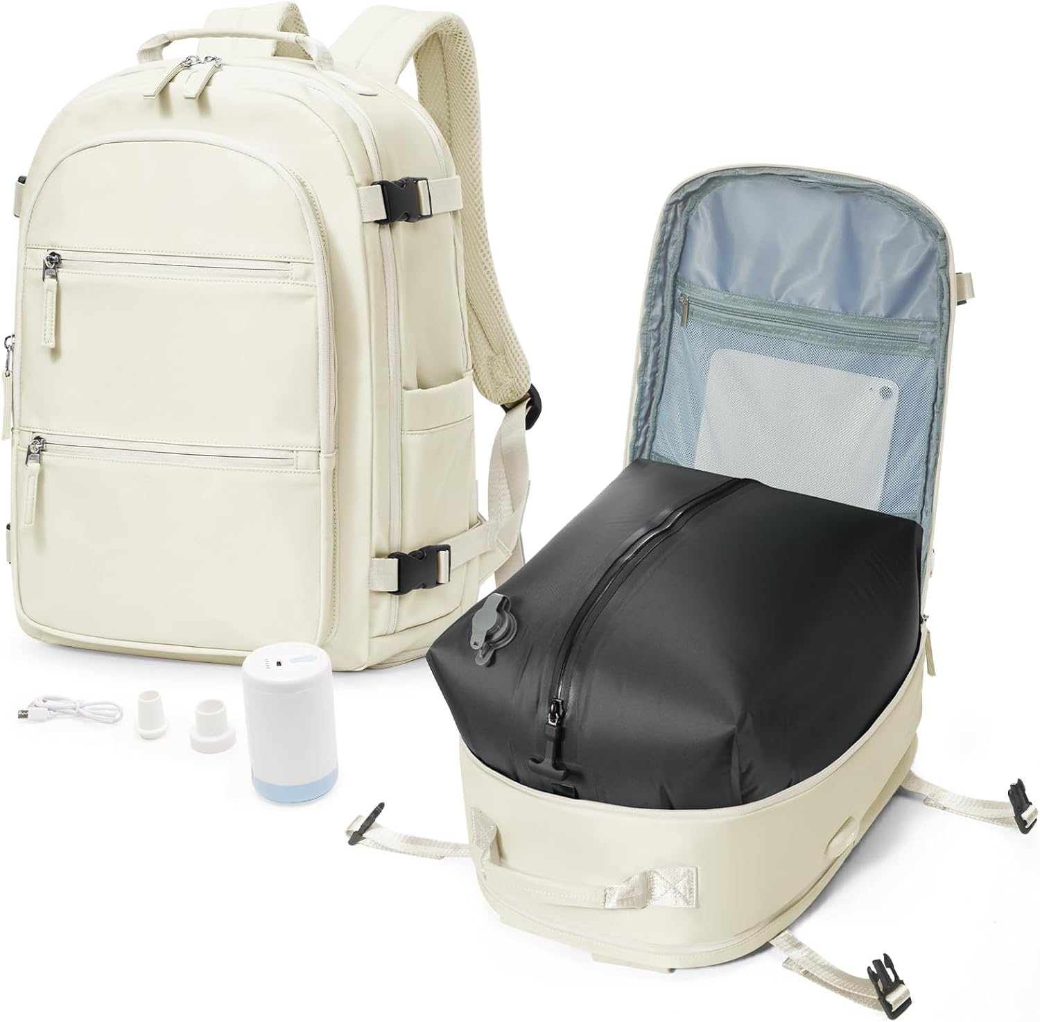 VGCUB Small Vacuum Backpack Wravel with Electric Pump vacpack System Storage Compression Laptop Work Business Waterproof College Bags Casual Daypack Carry on Backpacks for Women Men Beige Upgrade