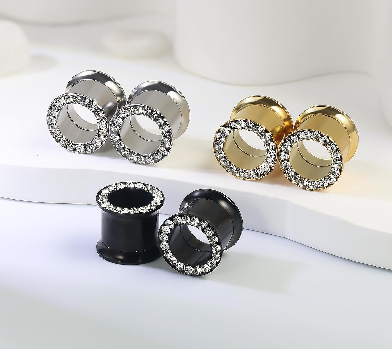 10G-00G Gauges for Ears 316L Surgical Steel Mirror Finish Single Flared Tunnels Plugs Earrings Hollow Internally Threaded Diamond Ear Gauges for Women Men Silver Black Gold 1 Pairs