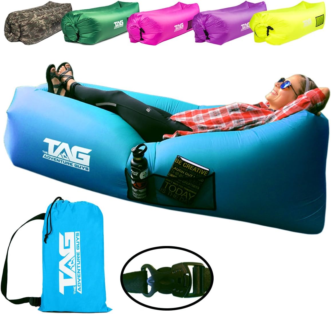 Inflatable Lounger Air Sofa - Seconds to Inflate & Puncture Resistant w/ Metal Securing Stake + 3 Pockets - Air Lounger Inflatable Couch Perfect for Outdoors, Camping, Beach, Park or Pool