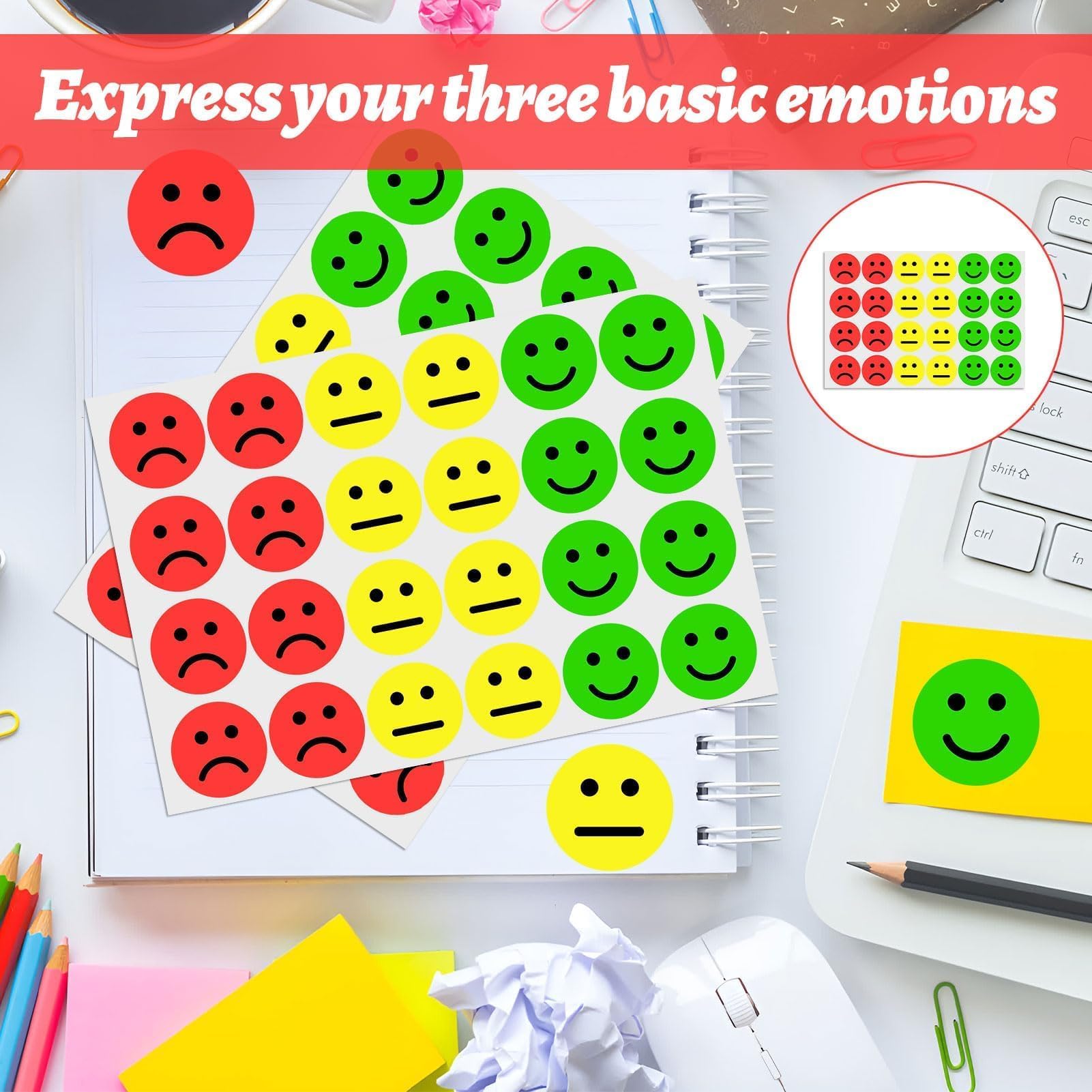 1200 Adesivi Faccine Emozioni JZK - Rosso/Giallo/Verde Per Ricompense Bambini E Diari - Foto 5