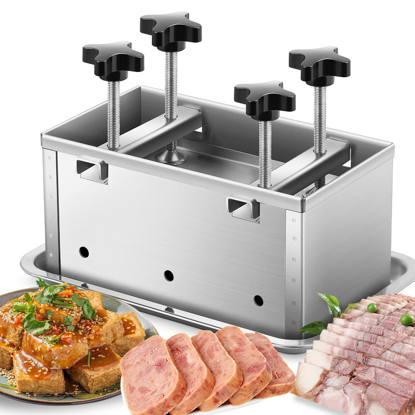 Stampo per carne, in acciaio inox, per prosciutto fatto in casa, pranzo gastronomia, include 4 dispositivi di pressurizzazione a vite per un facile utilizzo