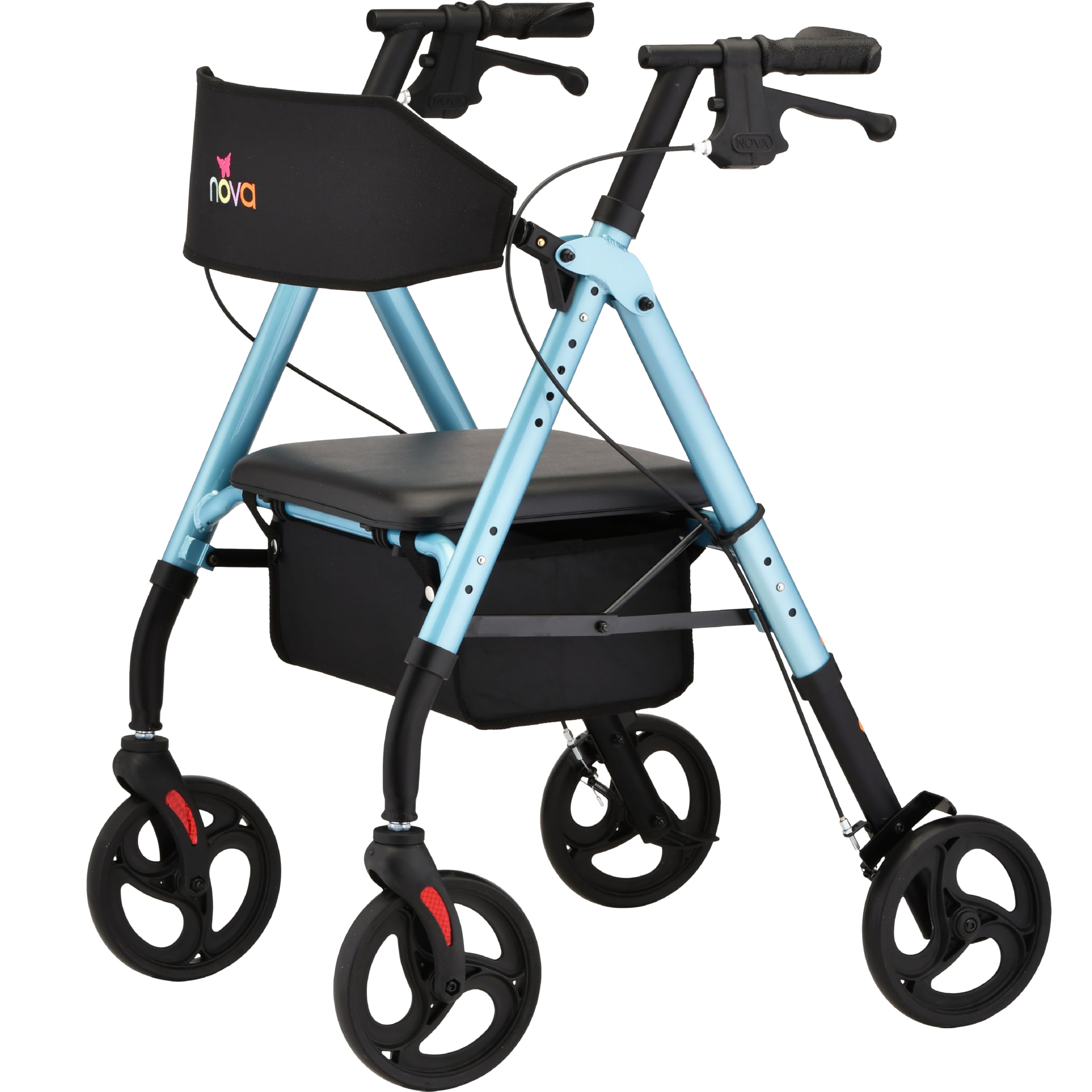 nova star 8 foldable rollator walker for seniors, wide padded backrest with seat, 8” all-terrain wheels, easy-grip locking hand brakes, height adjustable, sky blue