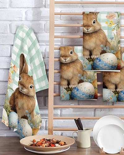 Miniatura 2 de Kitchen Towel 2 Packs Cotton Waffle Weave, Easter Eggs Green Plaid Buffalo Bunny Floral 16 x 24 Inch Absorbent Quick Drying Dish Towels Clothes for
