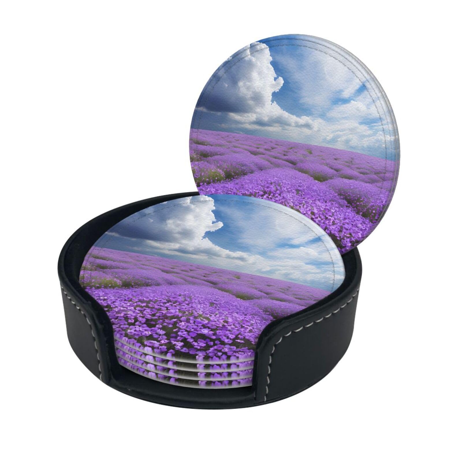 Lavender Flower Print Coaster,Round Leather Coasters with Storage Box for Wine Mugs,Cold Drinks and Cups Tabletop Protection (6 Piece)