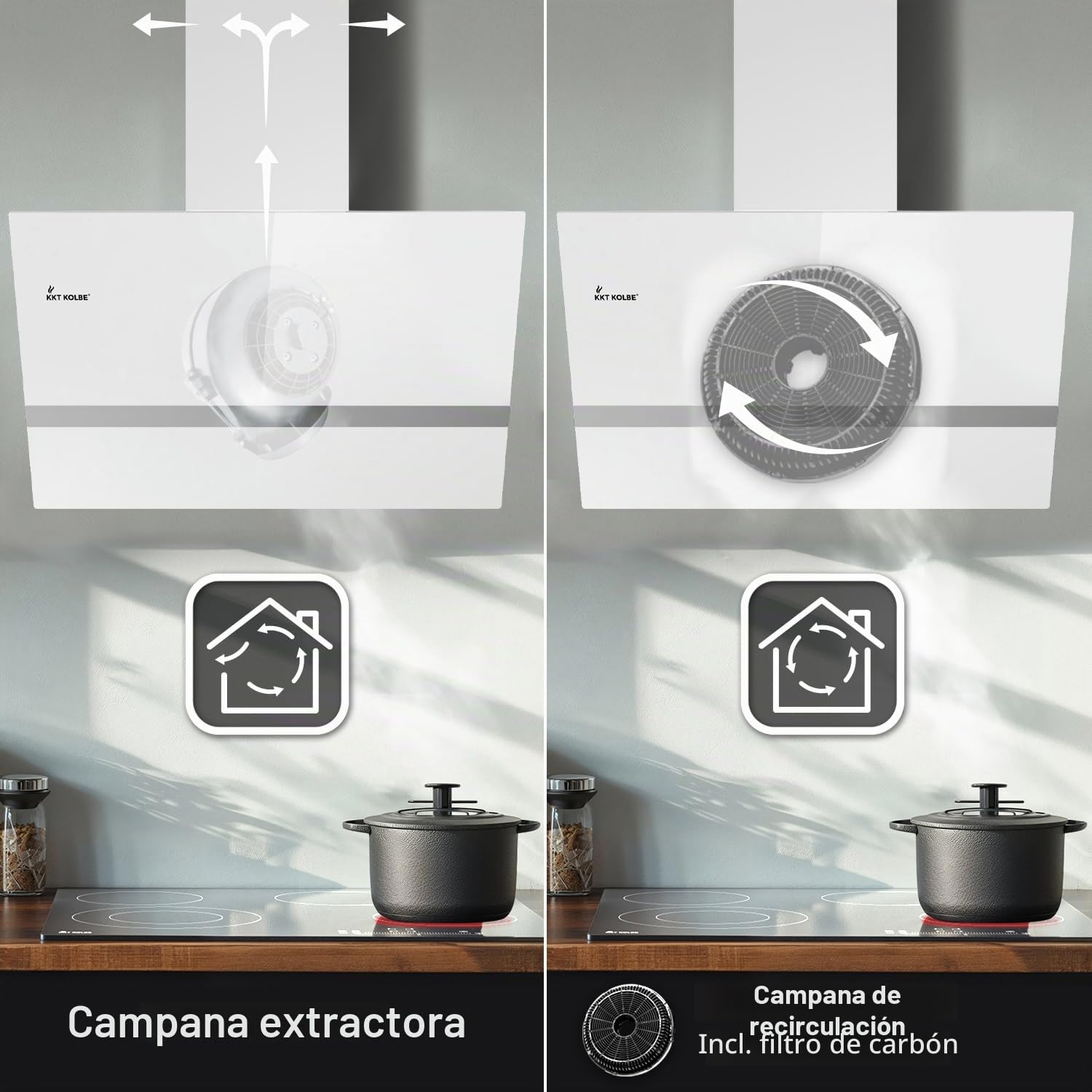 KKT KOLBE campana extractora 80 cm | 782 m³/h de drenaje y circulación | sin cabeza | montado en la pared | vidrio blanco | aplicación WiFi inteligente WLAN | Iluminación LED RGBW | EASY8005WM