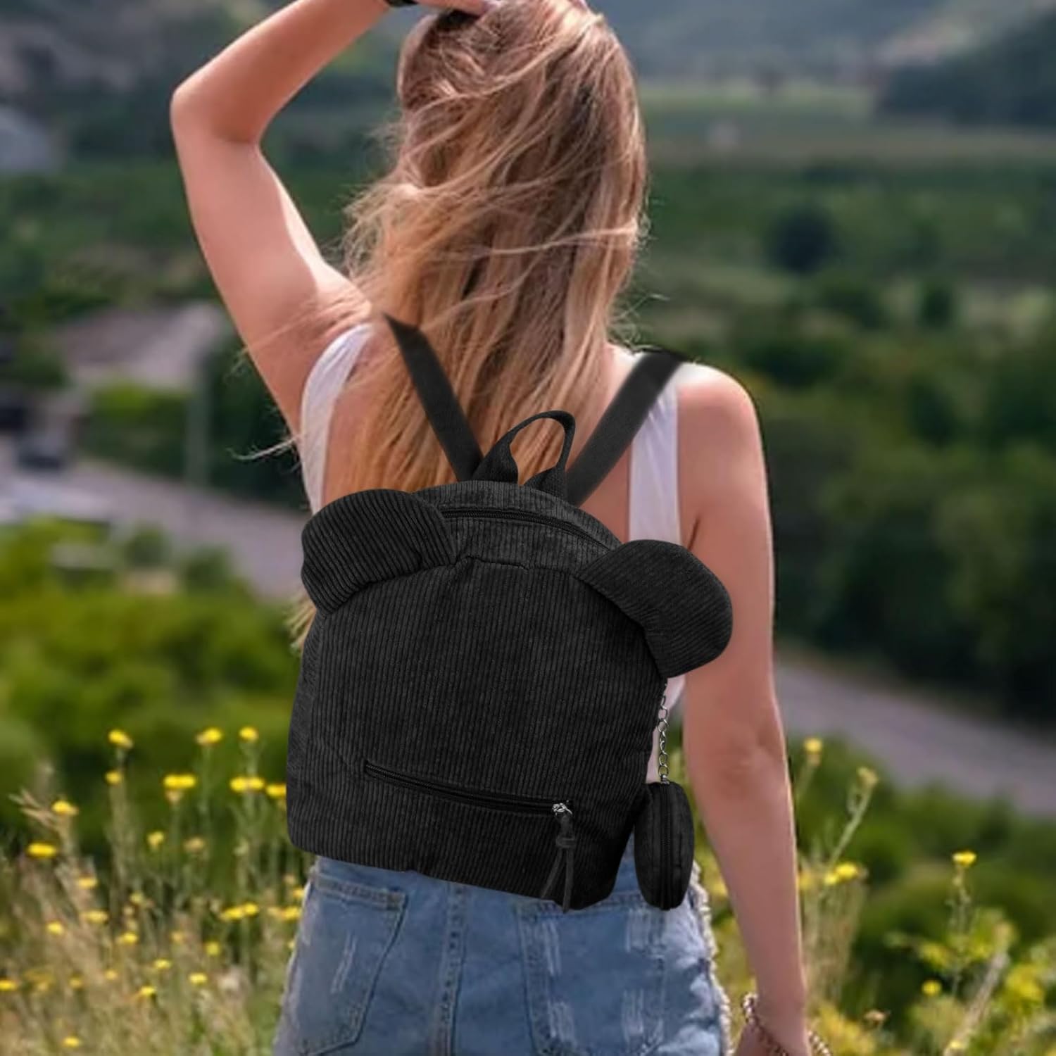 Bear-Shaped Women Backpack Purse, Corduroy Mini Backpack Purse Small Backpack for Women Girls, Small Backpack Purse (black) - Image 4