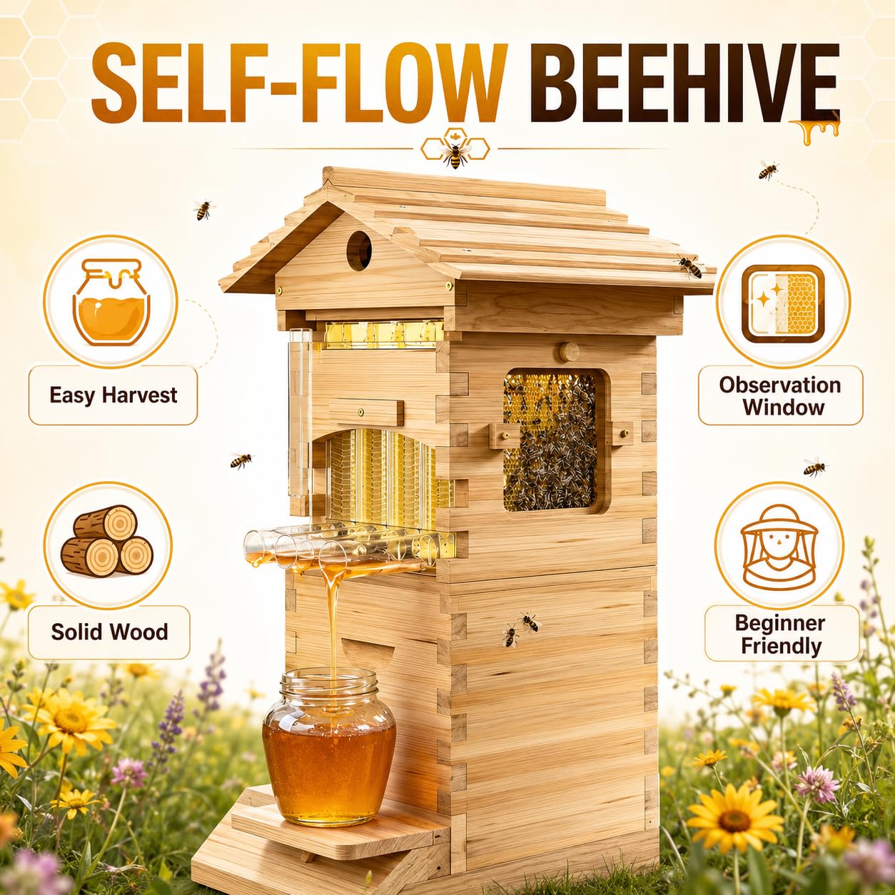 Arnia per Api con Flow Frames, Raccolta Diretta del Miele, Arnia in Legno Naturale per Giardino e Home Apiary