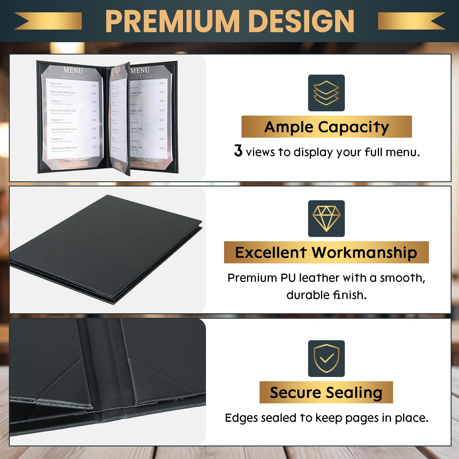 4 View - Paquete de 10 fundas para menús de 8.5 x 11 pulgadas, soporte para diploma, soporte de diploma, fundas de cuero negro, estilo libro para restaurante, cafetería, lista de vinos, apto