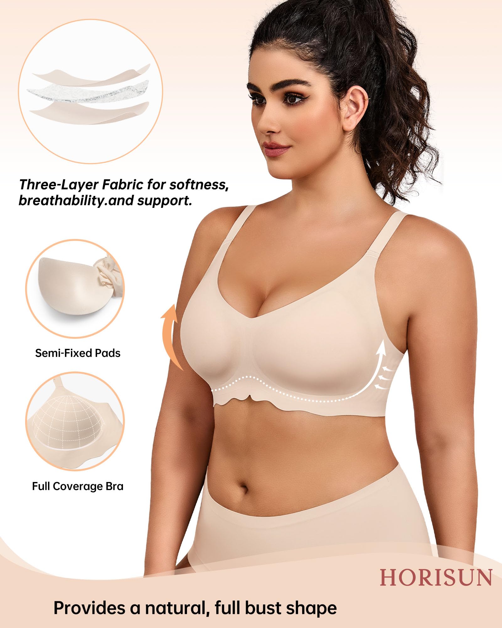 HORISUN Bügelloser BH Damen, Nahtlos 3D Jelly Strip, Push up mit starker Halt, Anti-Achselbeulen, Ideal für Schlaf, Yoga & Alltag