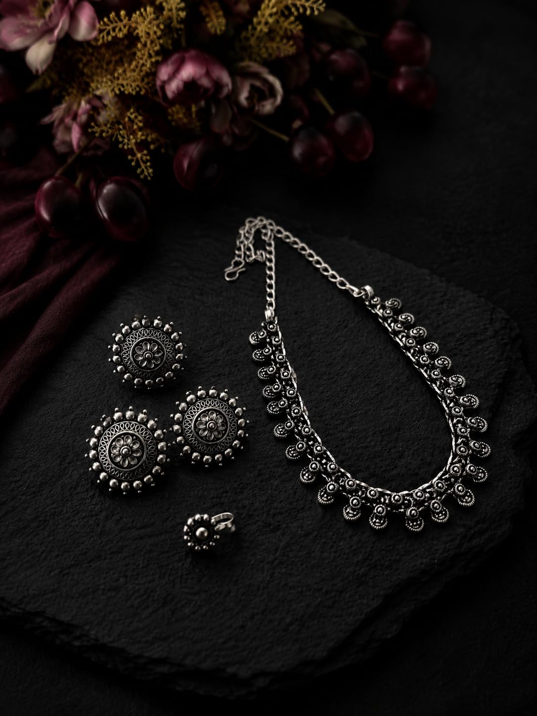 Oxidized Jewellery Set for Women | Traditional Floral Necklace Set with Matching Earrings & Adjustable Ring and nosepin | Antique Ethnic set| Boho Tribal Statement Set for Festive & everyday Wear by Naman Arts-picture-53