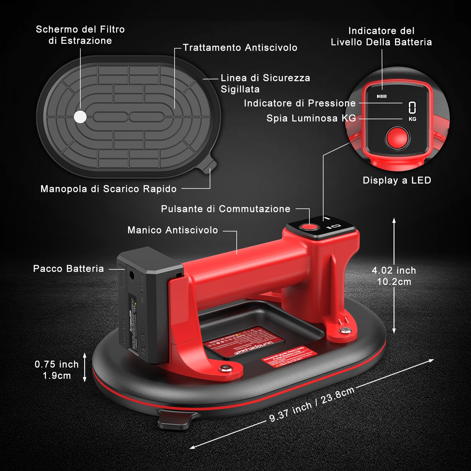 Ventosa per Piastrelle a Batteria, 2 Pezzi SundpeyPRO 10" Ventosa Elettrica con Carico Massimo di 300KG con 4 x 3,0Ah Batterie, Display LCD, Ventose in Vetro per il Sollevamento di Granito e Marmo