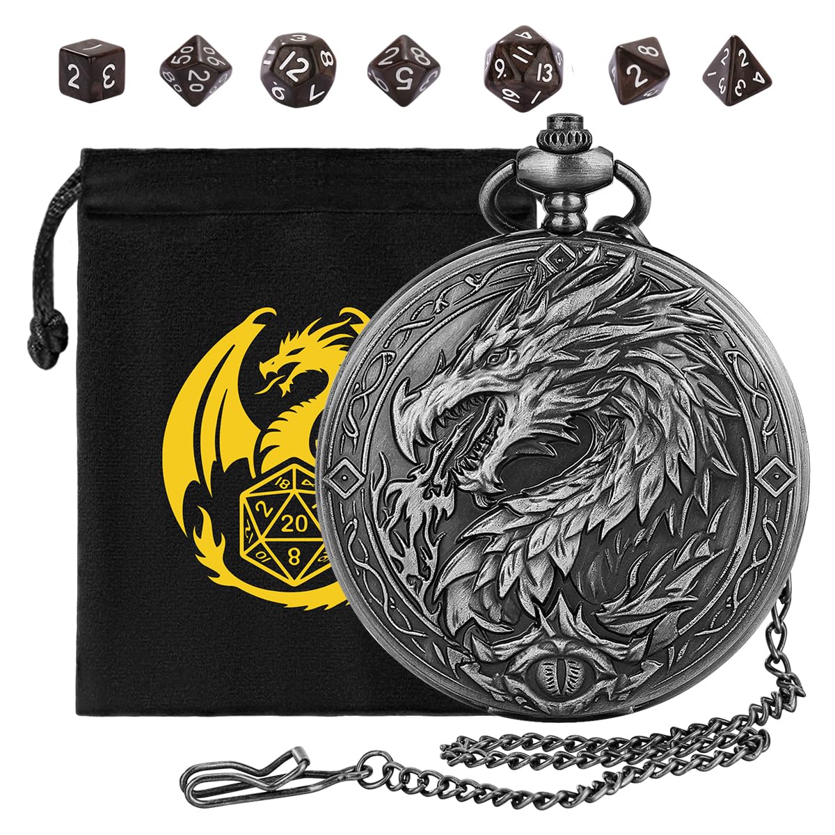 Mini DND Dice Set, 7-Piece Polyhedral Acrylic D&D Dice, with Steampunk Dragon Large Pocket Watch Case, DND Gift Bag with Dragon Logo, Role Play Board Game Accessories, Dark Silver + Brown