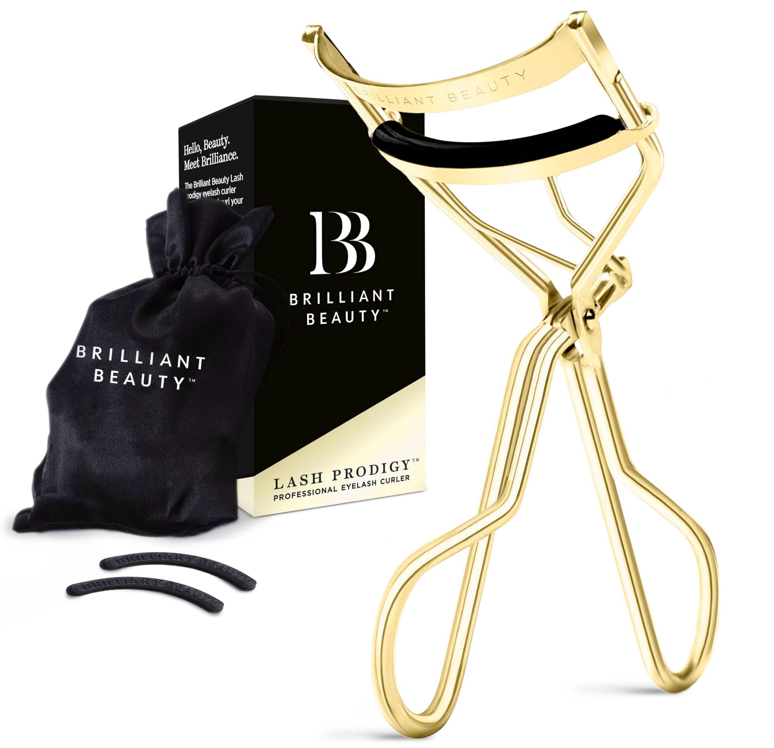 Brilliant Beauty Eyelash Curler - Stainless Steel, Satin Bag, 2 Refill Pads