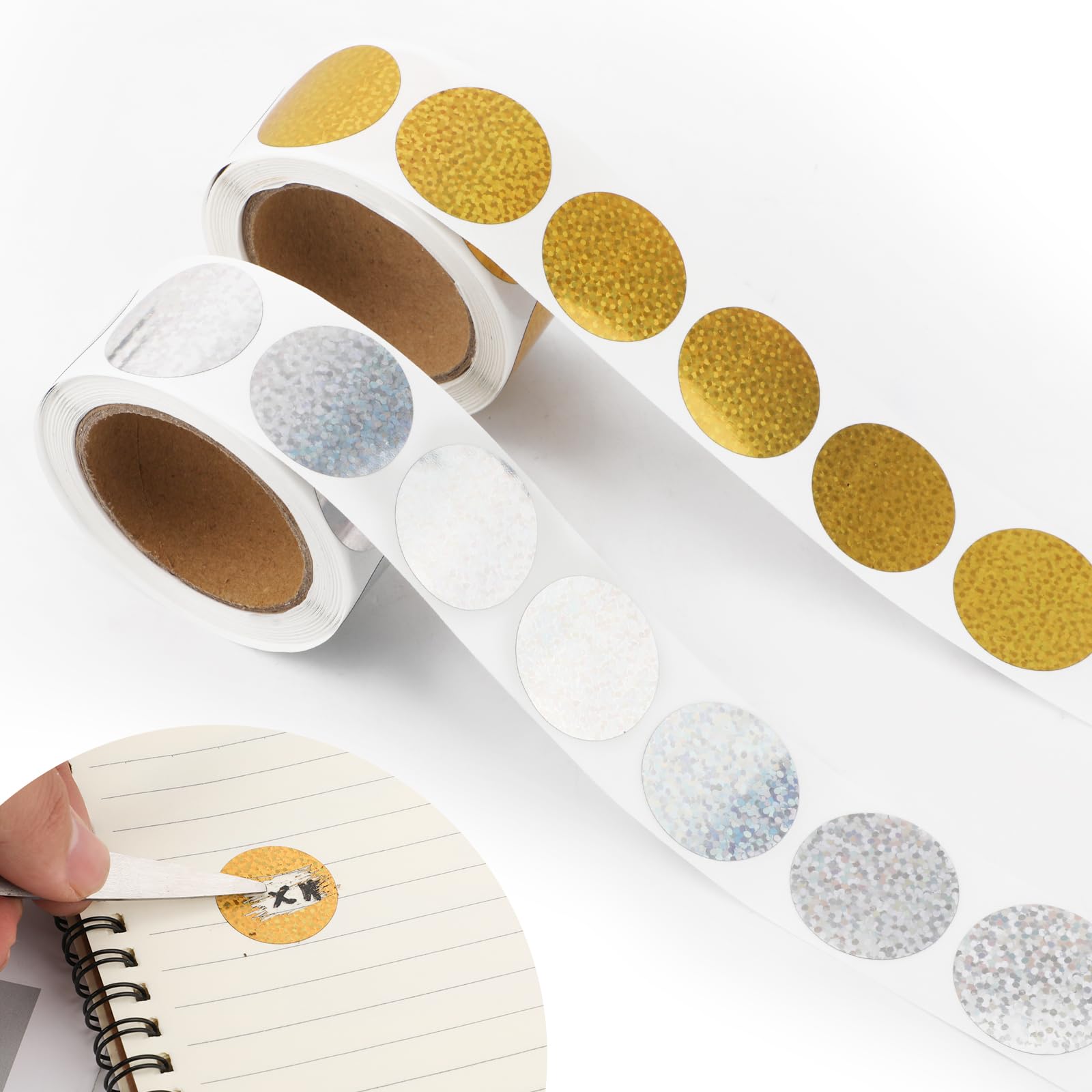 2 Rolls 600pcs Scratch Off Stickers, 1in Self Adhesive Holographic Circle Labels Gold Silver Round Scratch Offs Scratch Off Cards for Lottery Tickets
