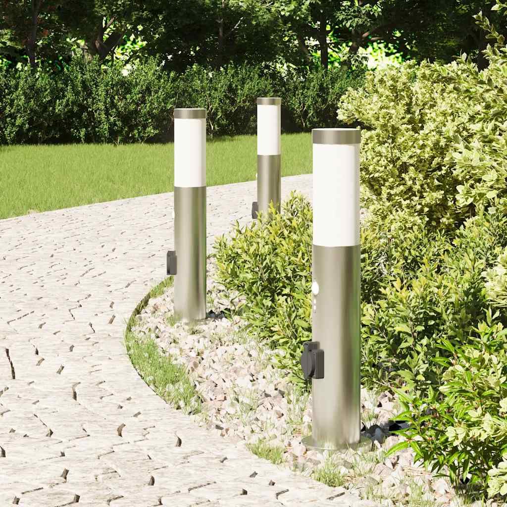 Set di 3 lampade a colonna in acciaio inox, 50 cm, con protezione IP44, presa integrata e sensore di movimento PIR, per giardino, terrazza, cortile, illuminazione esterna moderna e funzionale