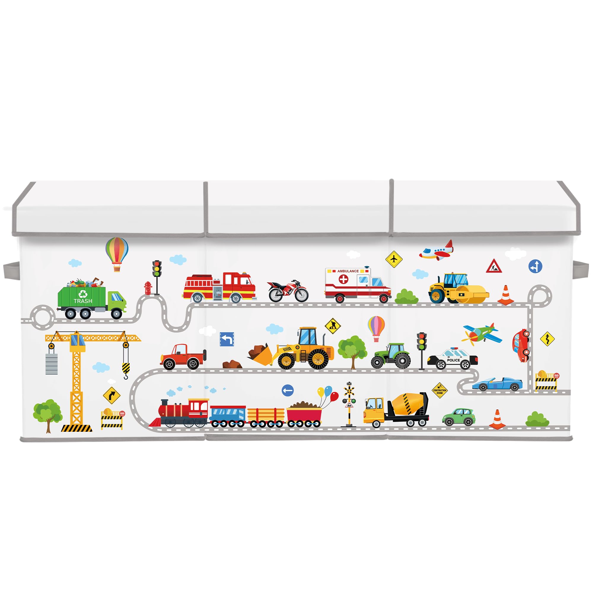 Extra Groß Aufbewahrungsbox mit Deckel Kinder, Zusammenklappbare Oxford-Spielzeugkiste mit Griff für Mädchen Jungen, Wasserdichte Spielzeug Aufbewahrung im Kinderzimmer, 96×32×40 cm (Straßenfahrzeuge)