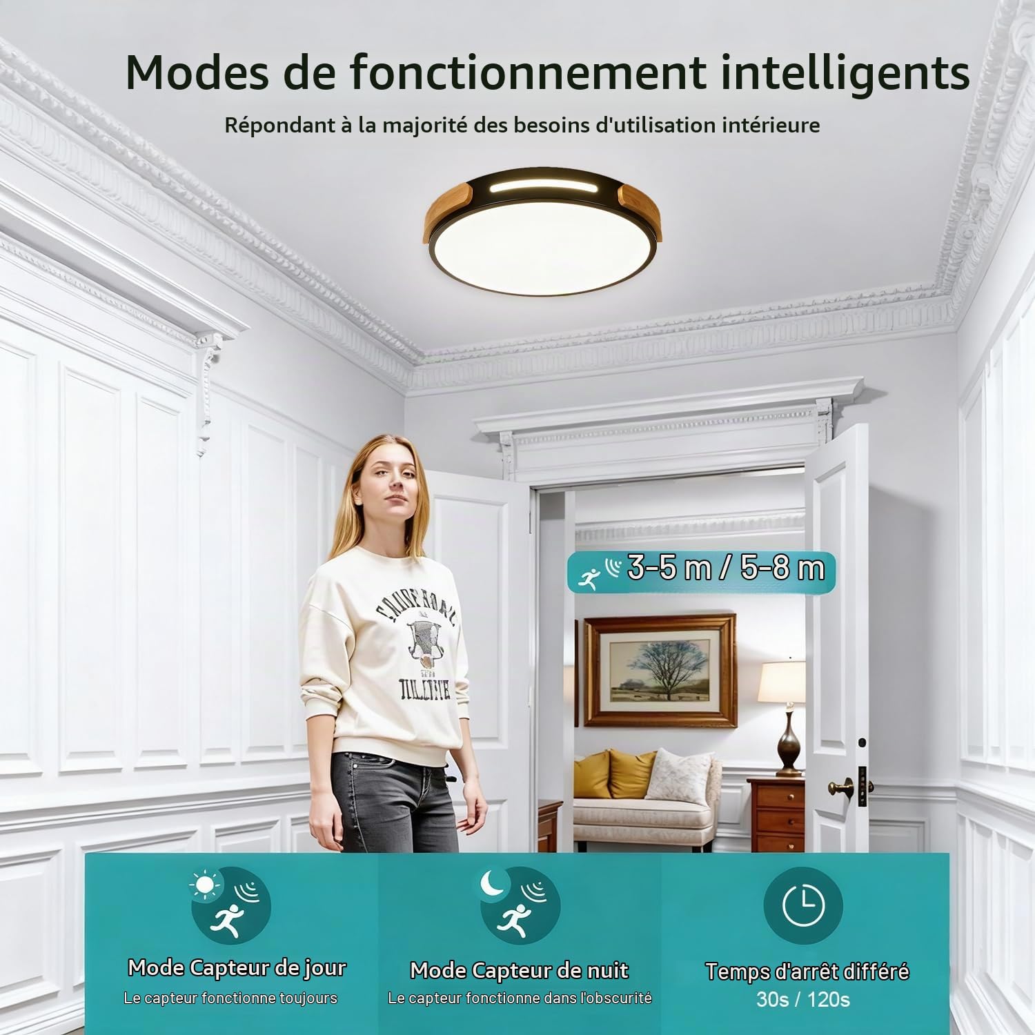 Plafonnier LED en Bois Intérieur avec Détecteur de Mouvement Lampes de Plafond couloir en Moderne Lumière de Plafond Rond pour Hall Allée Garage balcon Escaliers Véranda Eclairage (Schwarz,30cm)