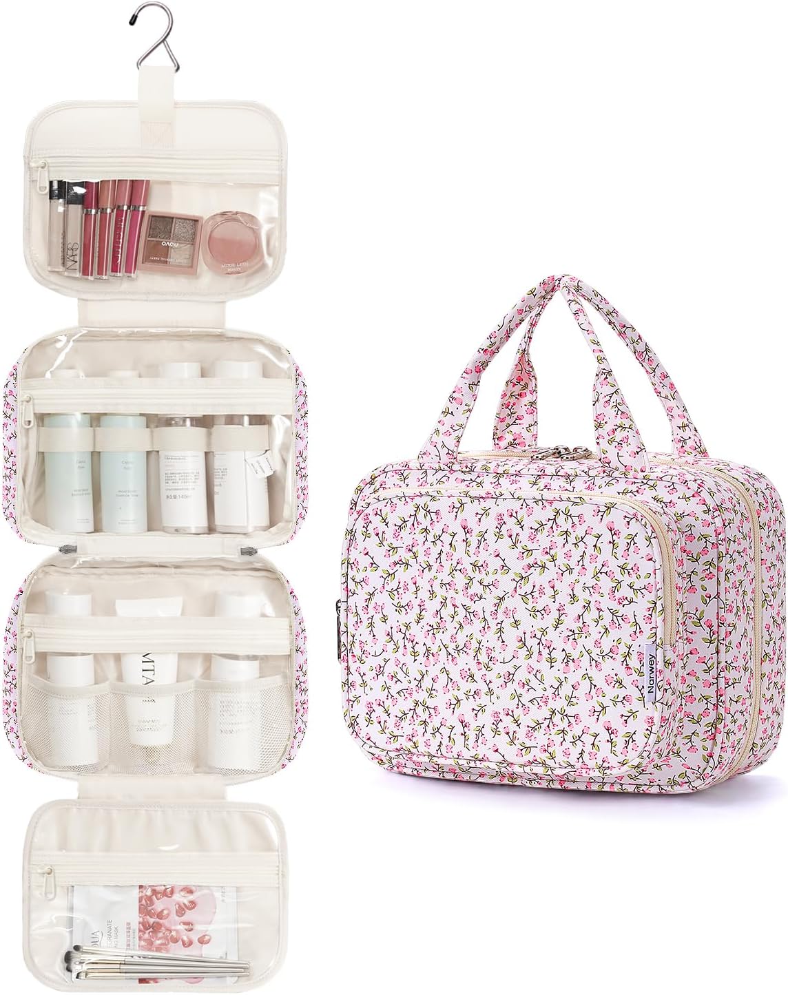 Narwey Hanging Toiletry Bag for Women Travel Makeup Bag Organizer Toiletries Bag for Travel Size Essentials Accessories Cosmetics (Green Leaves and Flower (Medium)) - Image 2