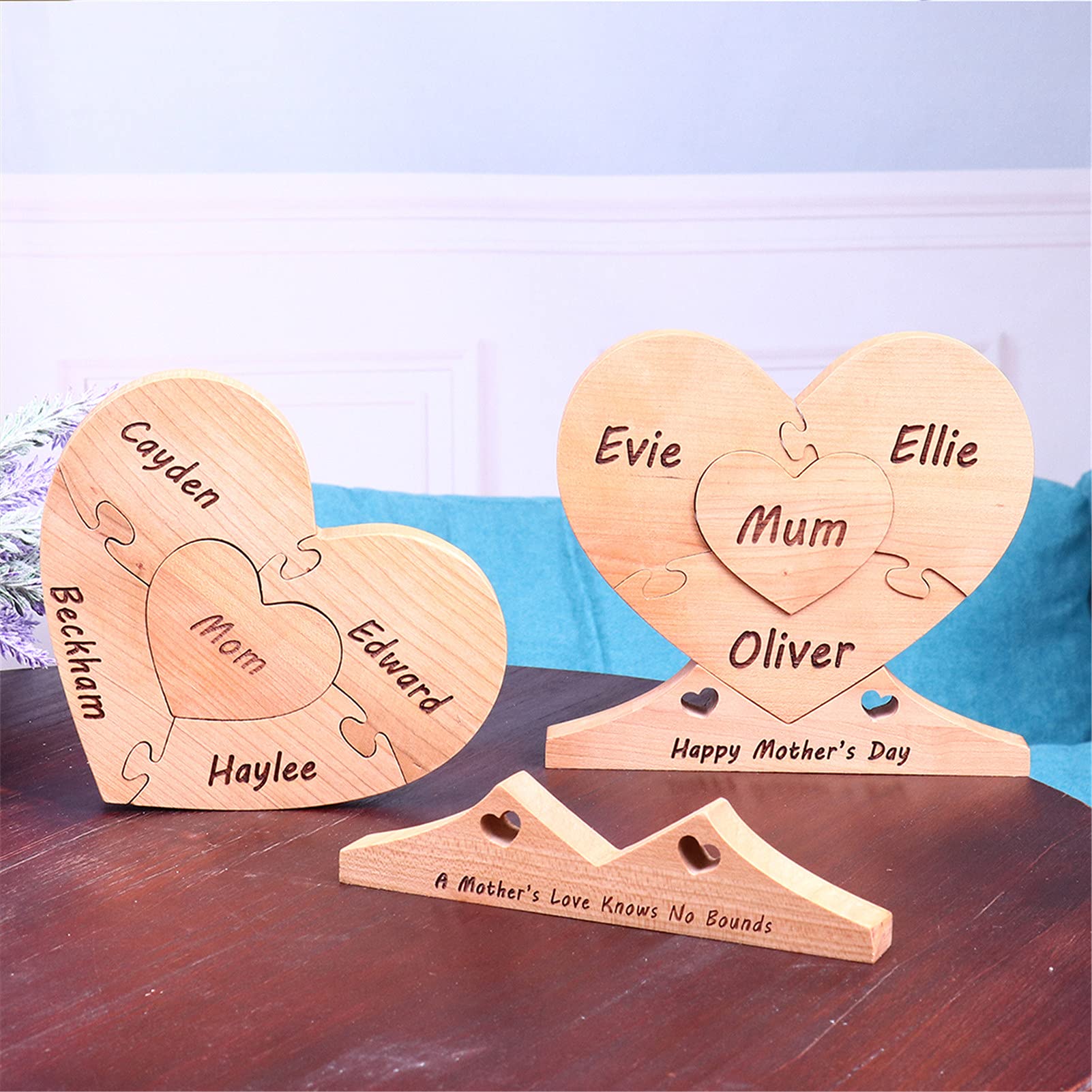 Puzzle Personalizzato In Legno A Forma Di Cuore Per Mamma - Regalo Con Nomi Incisi, Decorazione Casa, Festa Della Mamma, San Valentino