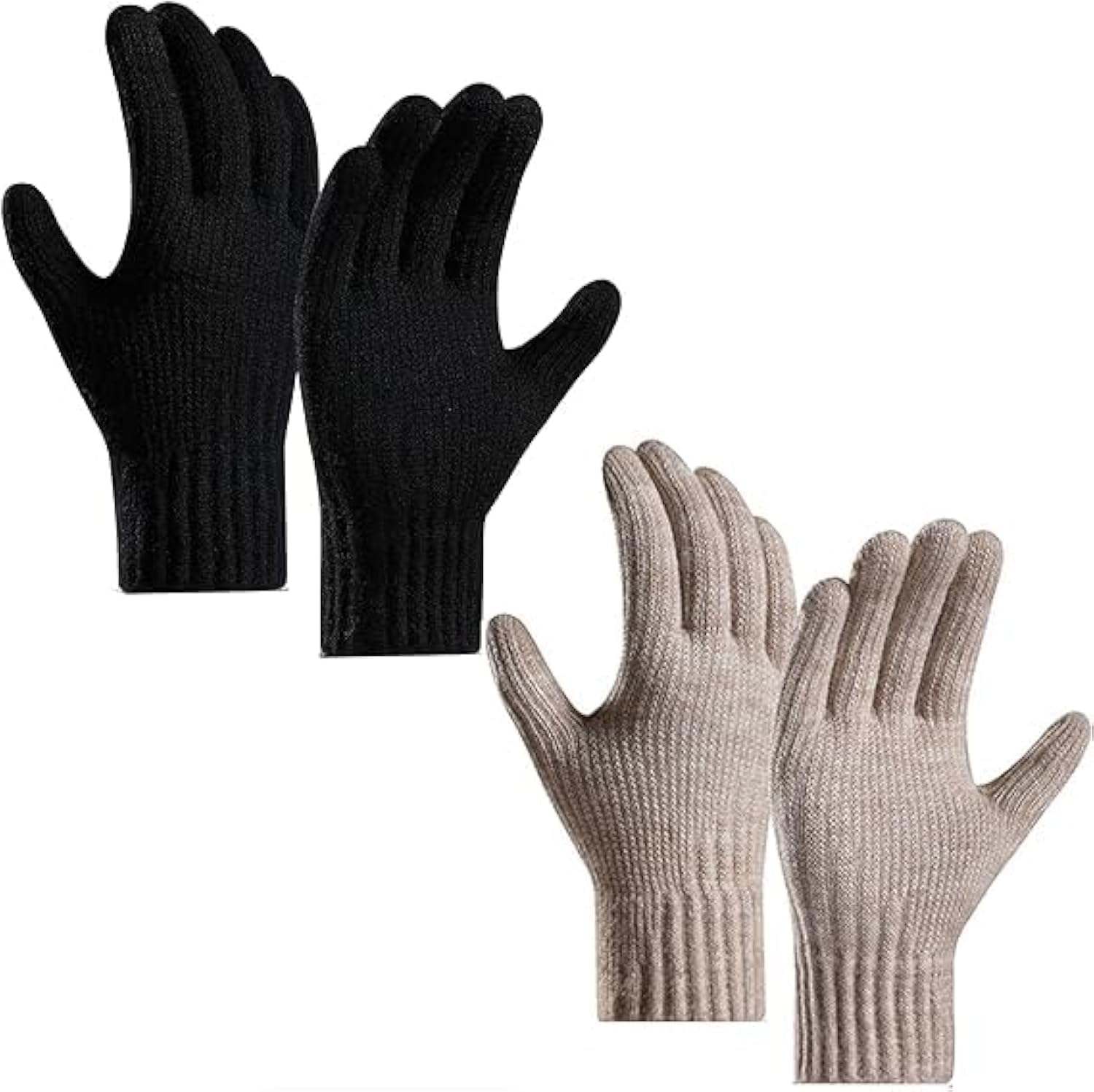 2 Pairs Winter Gloves for Women Touch Screen Dual-Layer Cashmere Elastic Thermal Knit Gloves Full Finger Lining Warm Gloves for Cold Weather Black Khaki, One Size