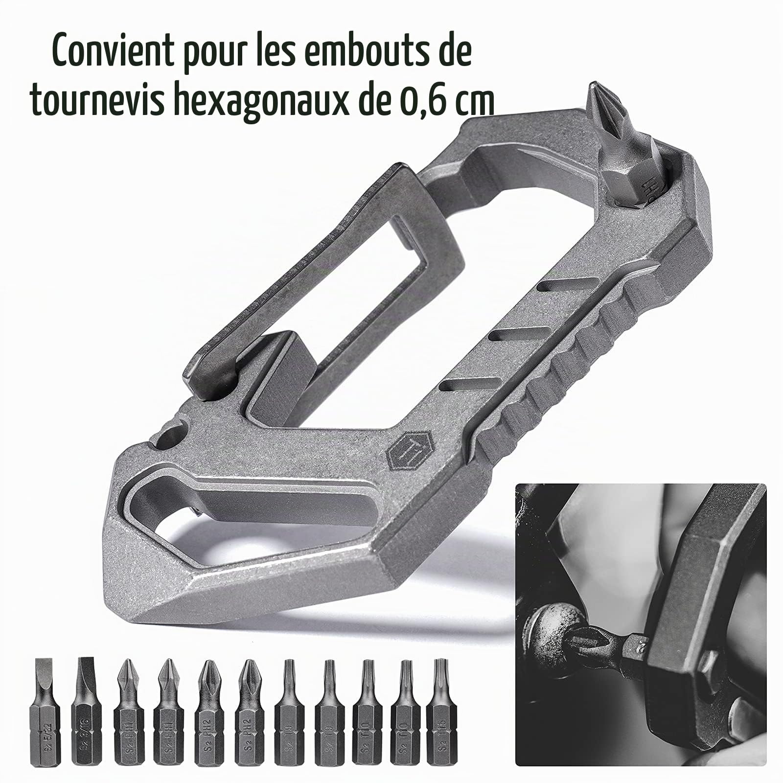 KeyUnity KU03 Titane EDC 6 en 1 Mousqueton Multi-Outils à DéGagement Rapide, Mousqueton Porte Clé, Outil Multifonction, Porte-CléS, Tournevis, Tournevis à Fente, Ouvre-Bouteille, Barre De Levier