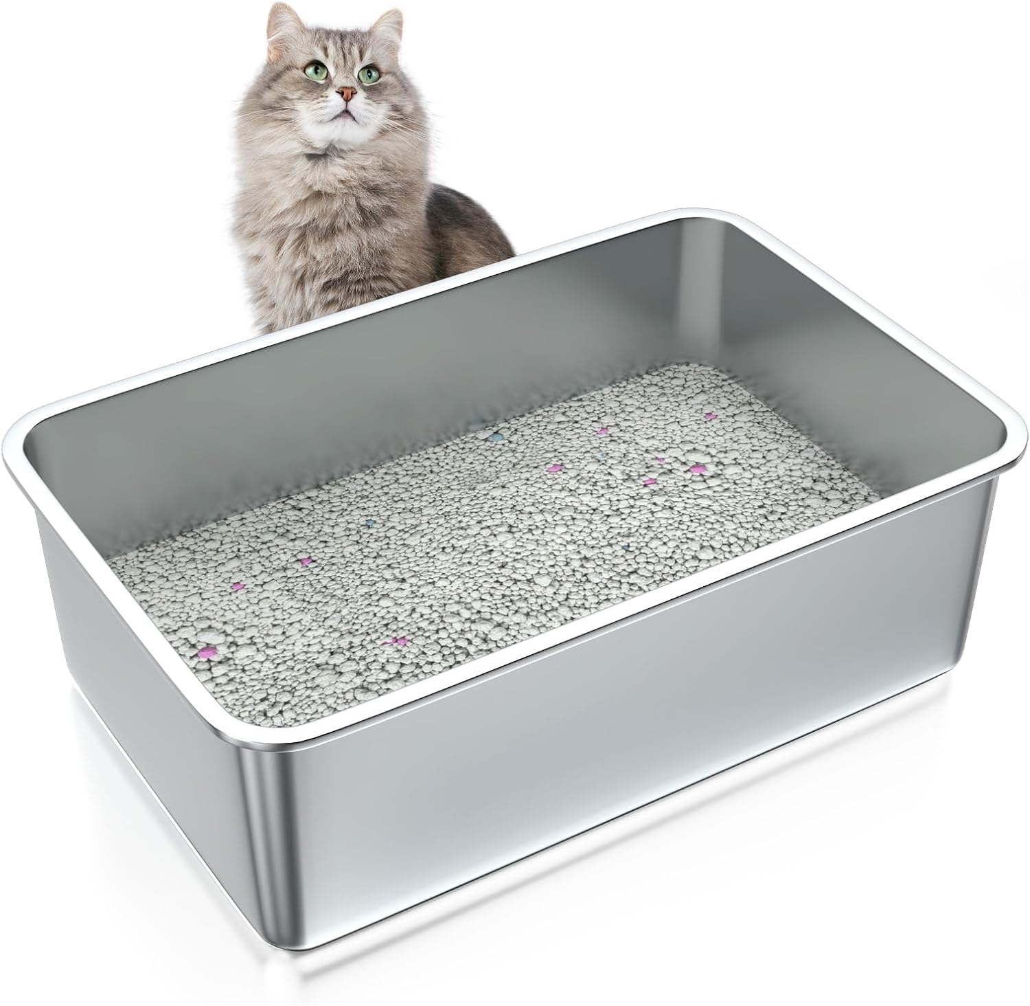 Jesir Cajas de Arena para Gatos de Acero Inoxidable,Bandeja Sanitaria metálica Extragrande, Apta para Gatos/Conejos,A Prueba de Salpicaduras para Una Fácil Limpieza con Agua (45X35X15CM)