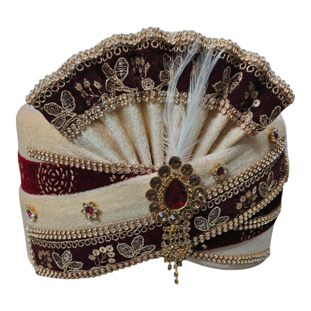 bhawani Traditional Wedding Pagdi for Men, Maroon and Cream with Golden Embroidery, Embellished with Stones and Feather-picture-28