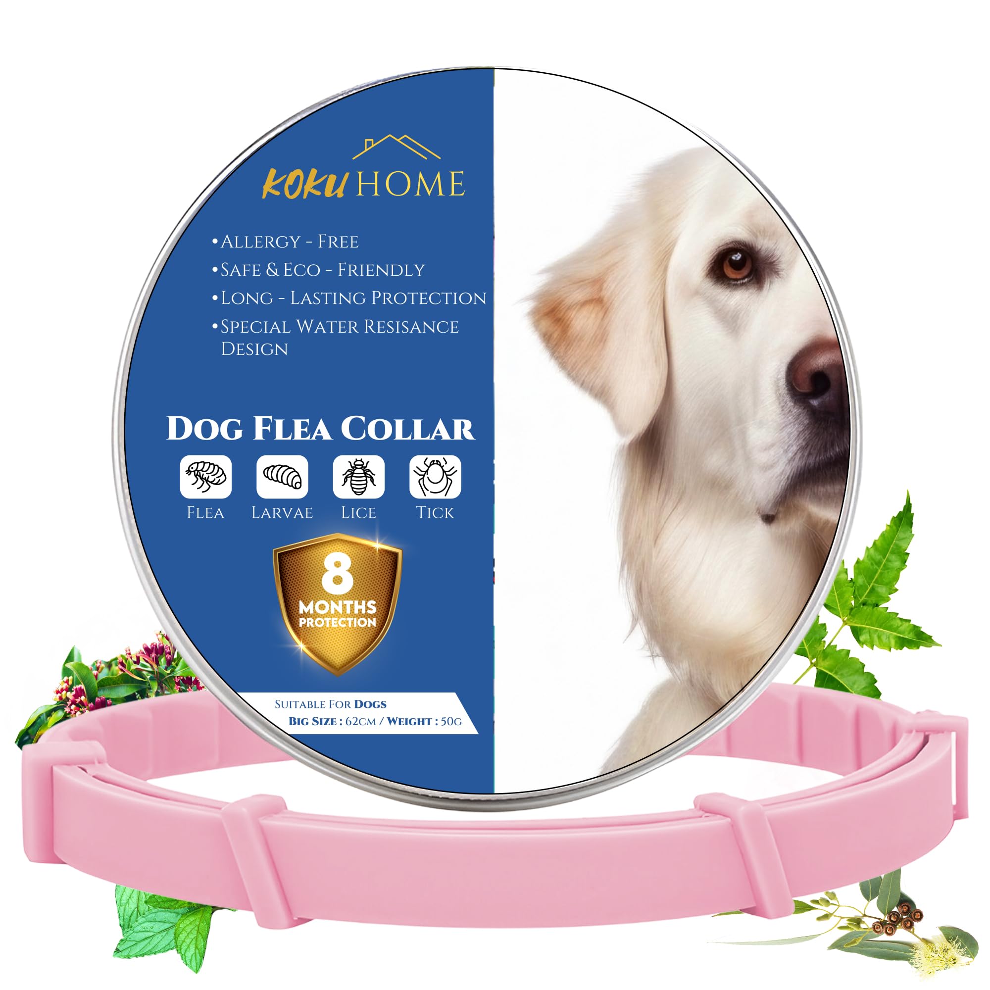 KOKU HOME Collar Antiparasitario contra Pulgas y Garrapatas para Perros y Gatos - Ajustable para Cualquiera Razas y Tamaños - 8 Meses de Protección - 65cm - Materiales con Aceites Esenciales. (Rosa)