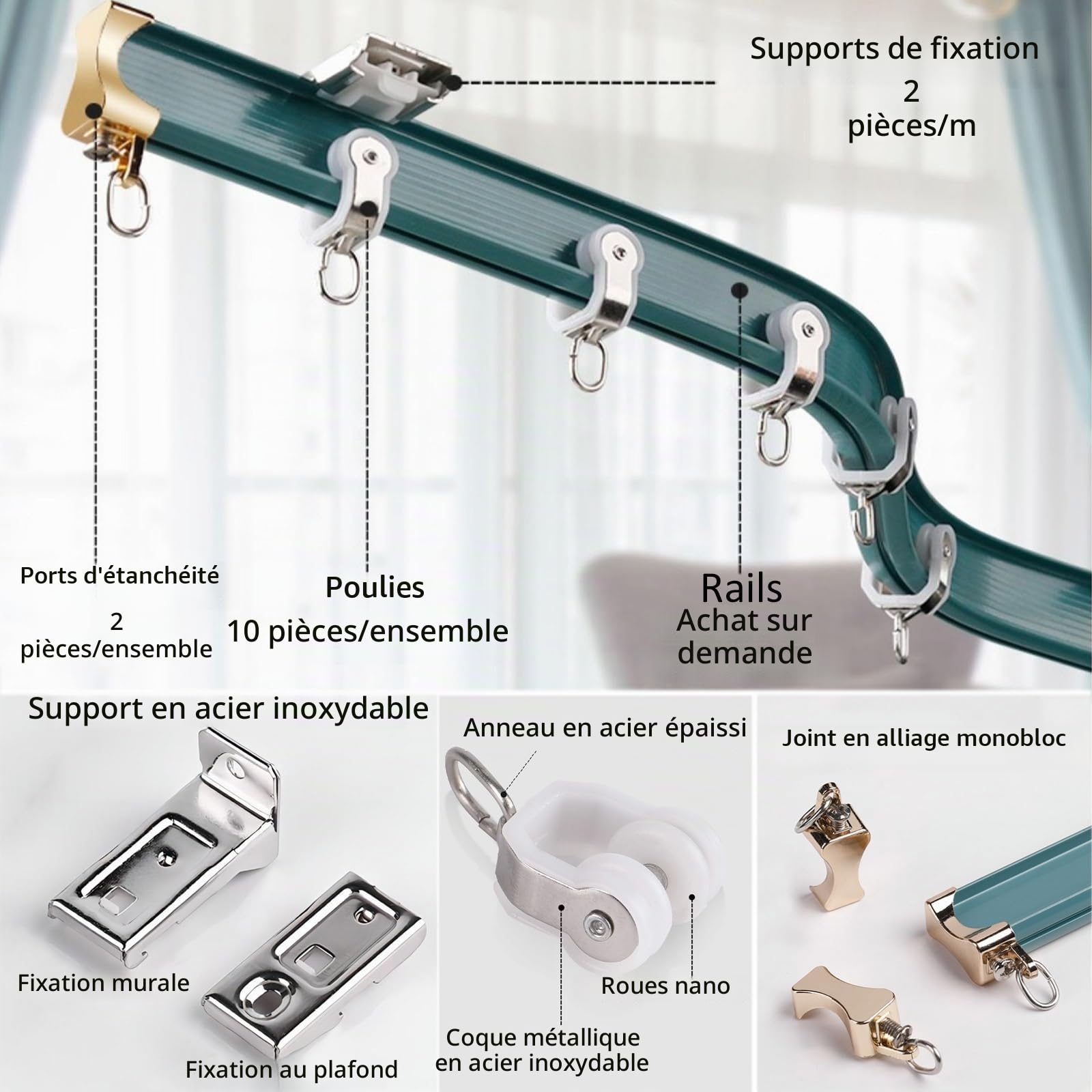 Rail pour Rideaux Pliable Tringle Rideau Plafond Noir/Blanc/Vert/Bleu/Rose Tringle Rideau Flexible Facile À Installer Rail De Rideau Courbe Montage Au Mur Rail De Rideau en Aluminium