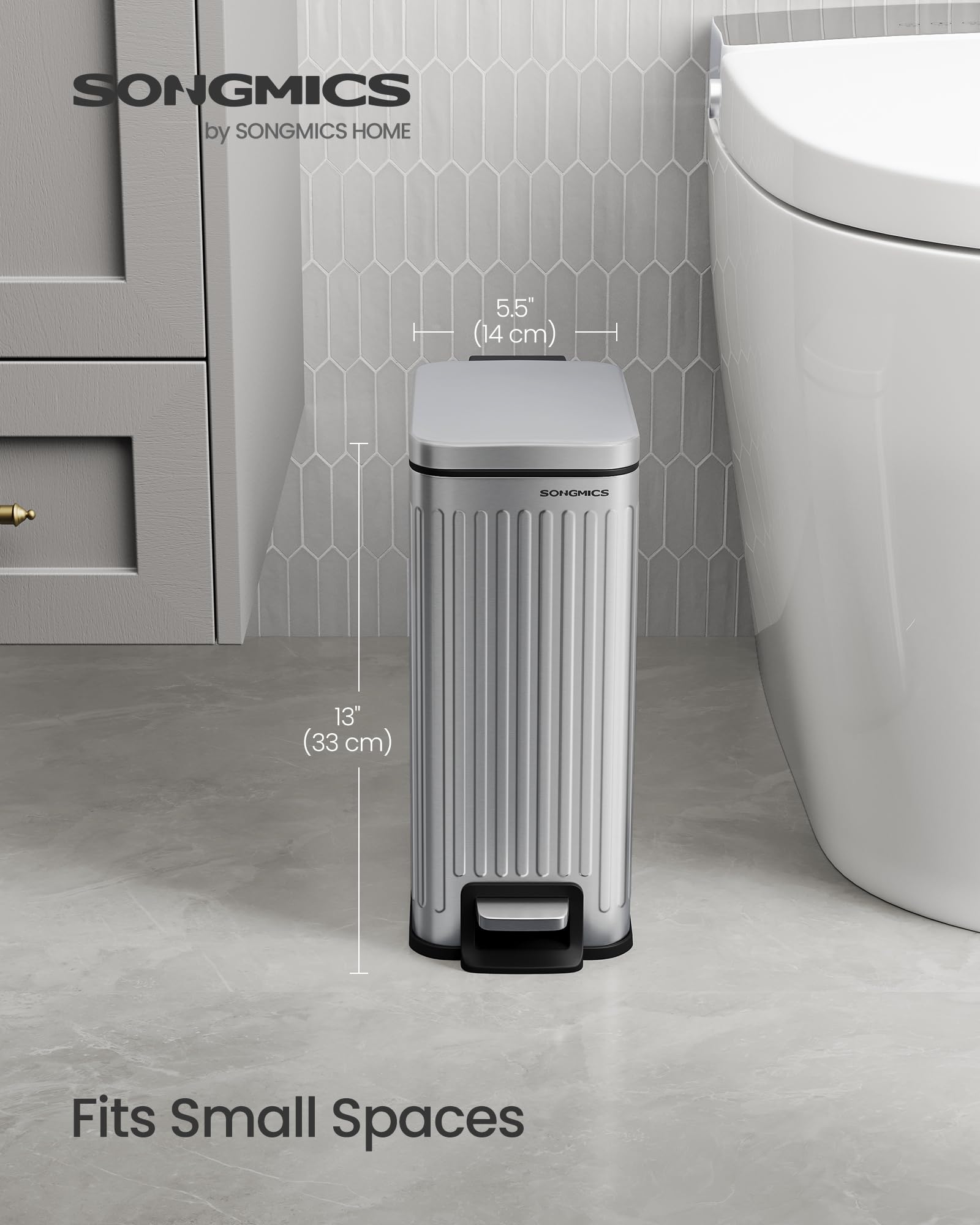 SONGMICS Badezimmer-Mülleimer, 6 l, Mülleimer mit Deckel, schmal für kleine Räume, Edelstahl-Mülleimer, Soft-Close, Silber ULTB563E01