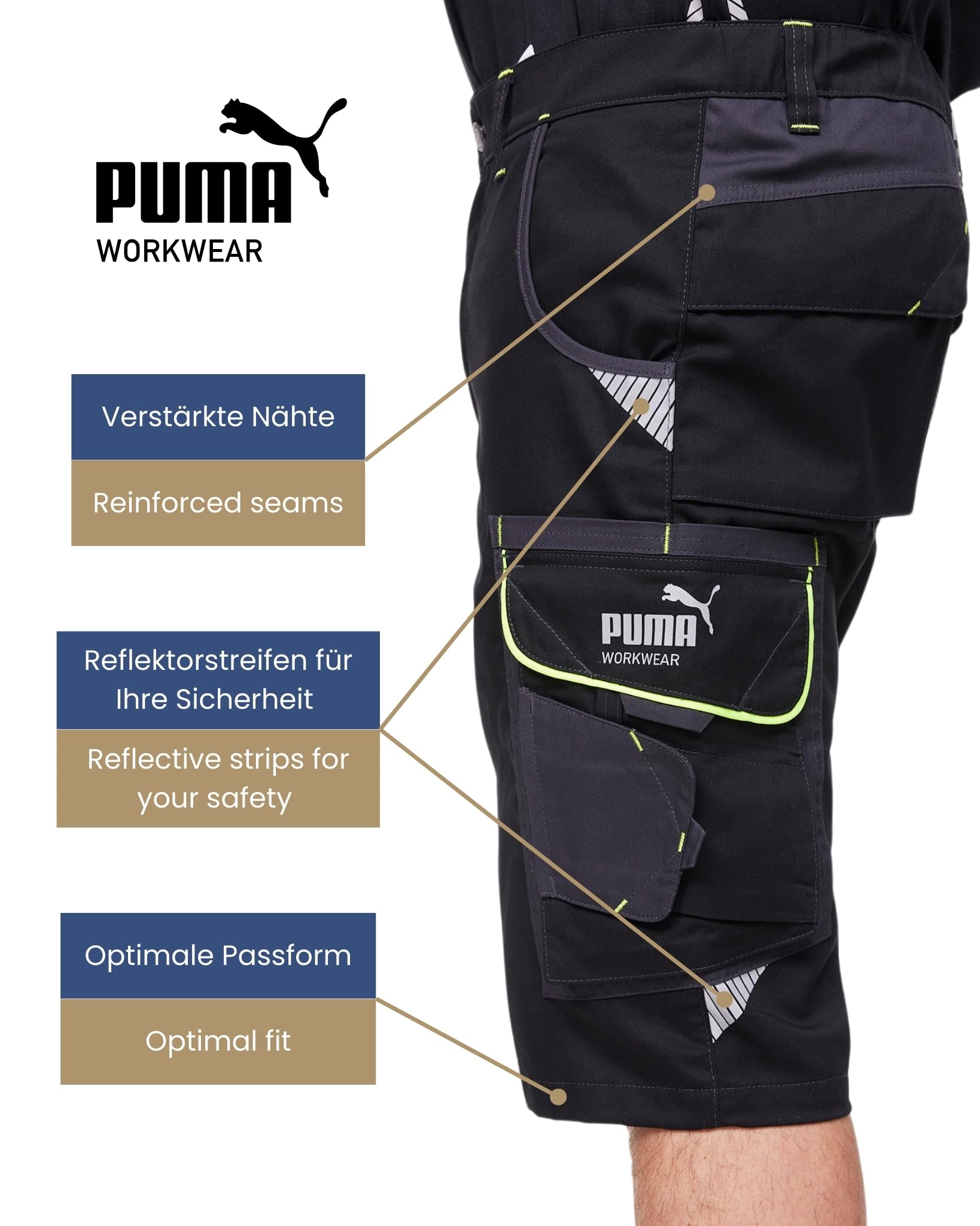 PUMA Workwear Precision X Arbeitsshorts - Kurze Arbeitshose Herren - Robustes, Flexibles Material - Viele Taschen und Reflektoren - Bequeme Passform - Ideal für Handwerk Heimwerk und Baugewerbe