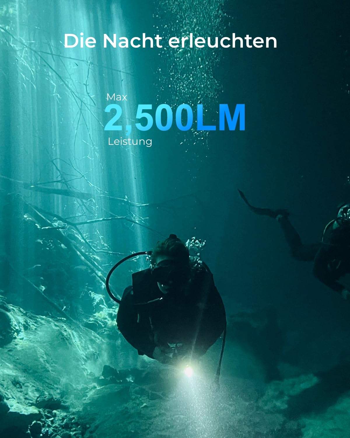APLOS AP02 Tauchlampe, 2500 Lumen Tauchen Taschenlampe Wiederaufladbar, Leistungsanzeige, IPX8 Wasserdicht, Unterwasser Taschenlampe mit 5000mAh Akku und Ladegerät