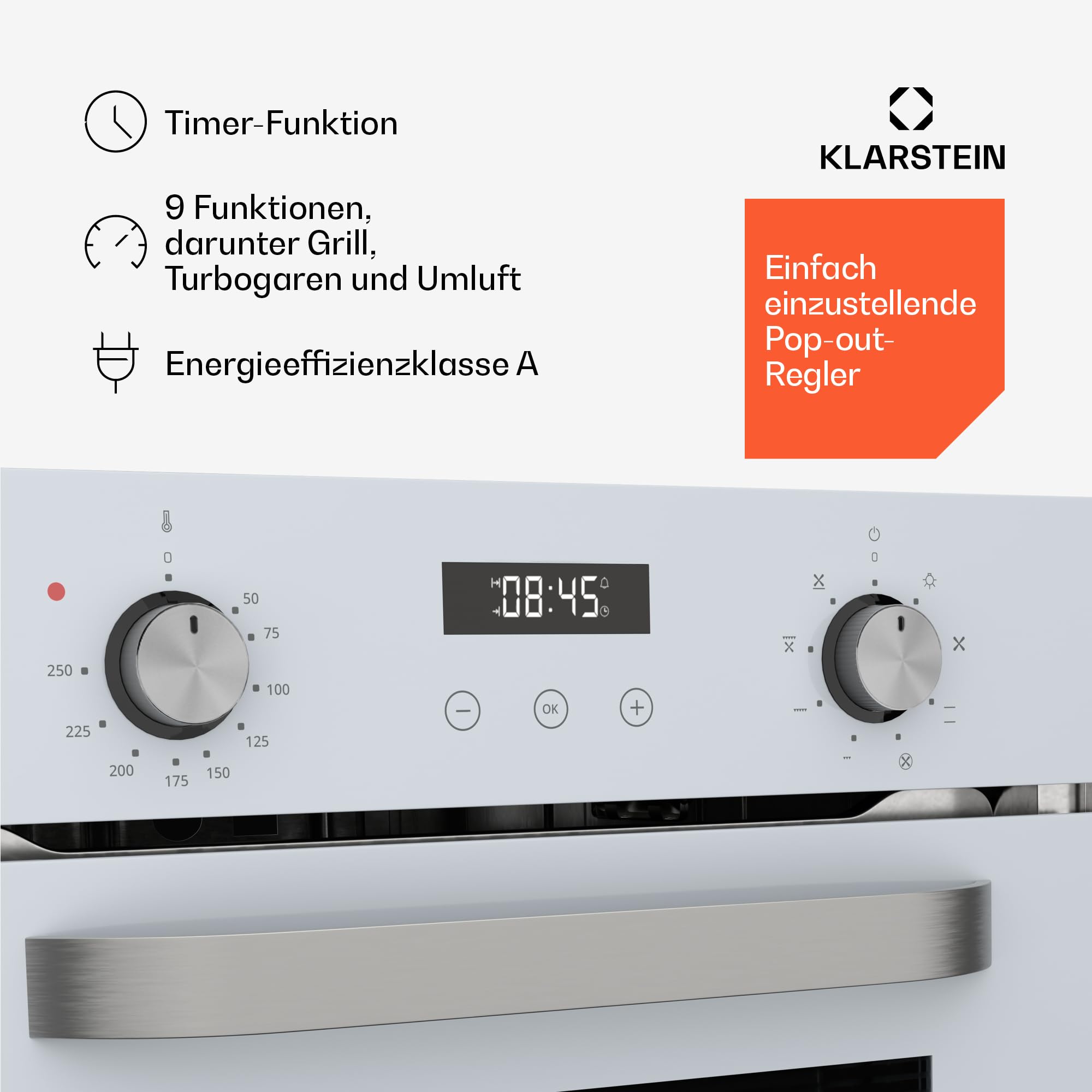 Klarstein SmartSlim Einbaubackofen - 45 cm, 49 L, 9 Funktionen, Dampfreinigung, Abnehmbare Glastür, Energieklasse A, Schwarzes Glas, Digitaler Timer, Backofen Einbaugerät