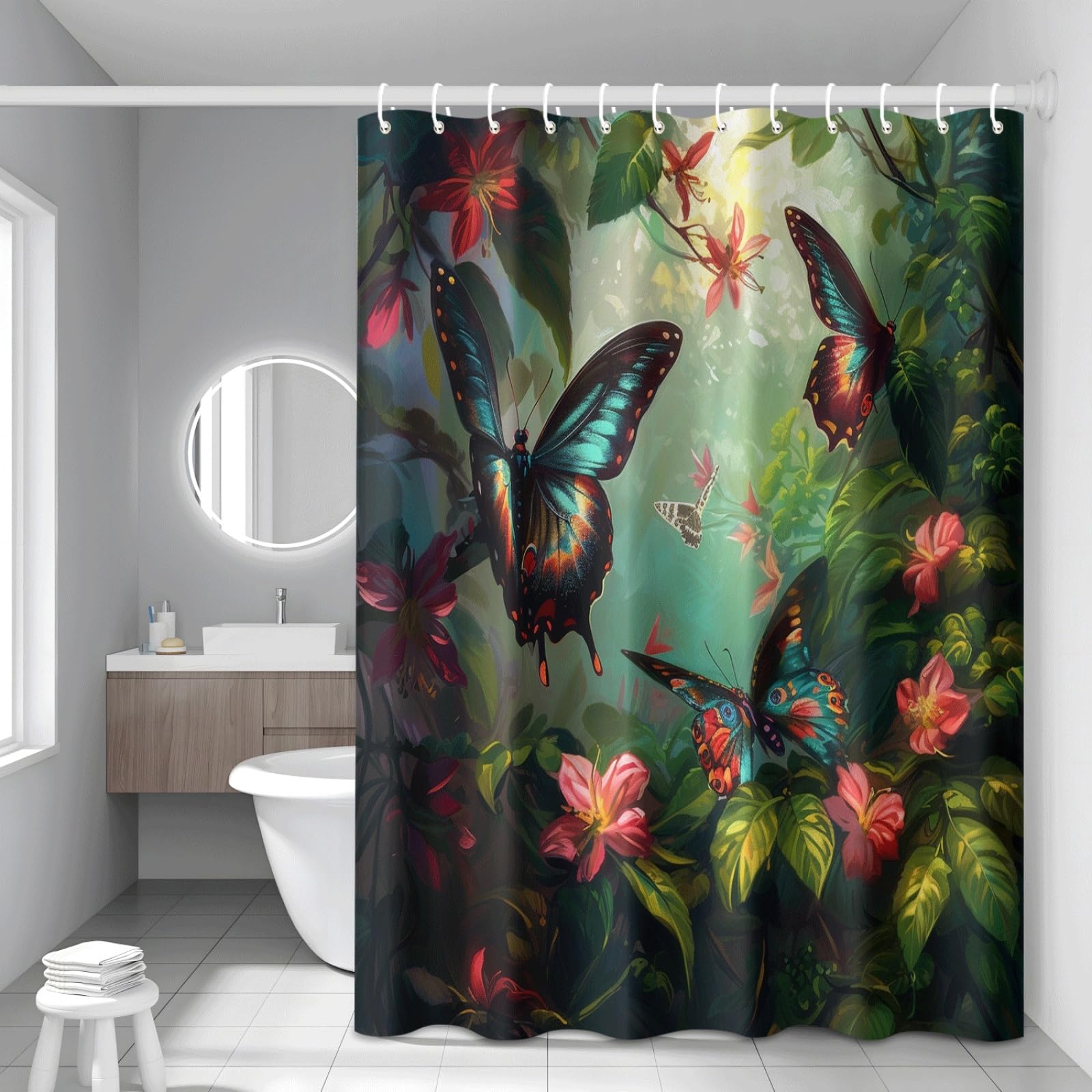 Shower Curtain Tropical Insect Plants Mould Resistant Shower Curtains for Bathroom Washable Polyester Bathroom Curtains Decor Wet Room Quick Dry Anti Mould Bath Curtain with 12 Hooks 200x240cm