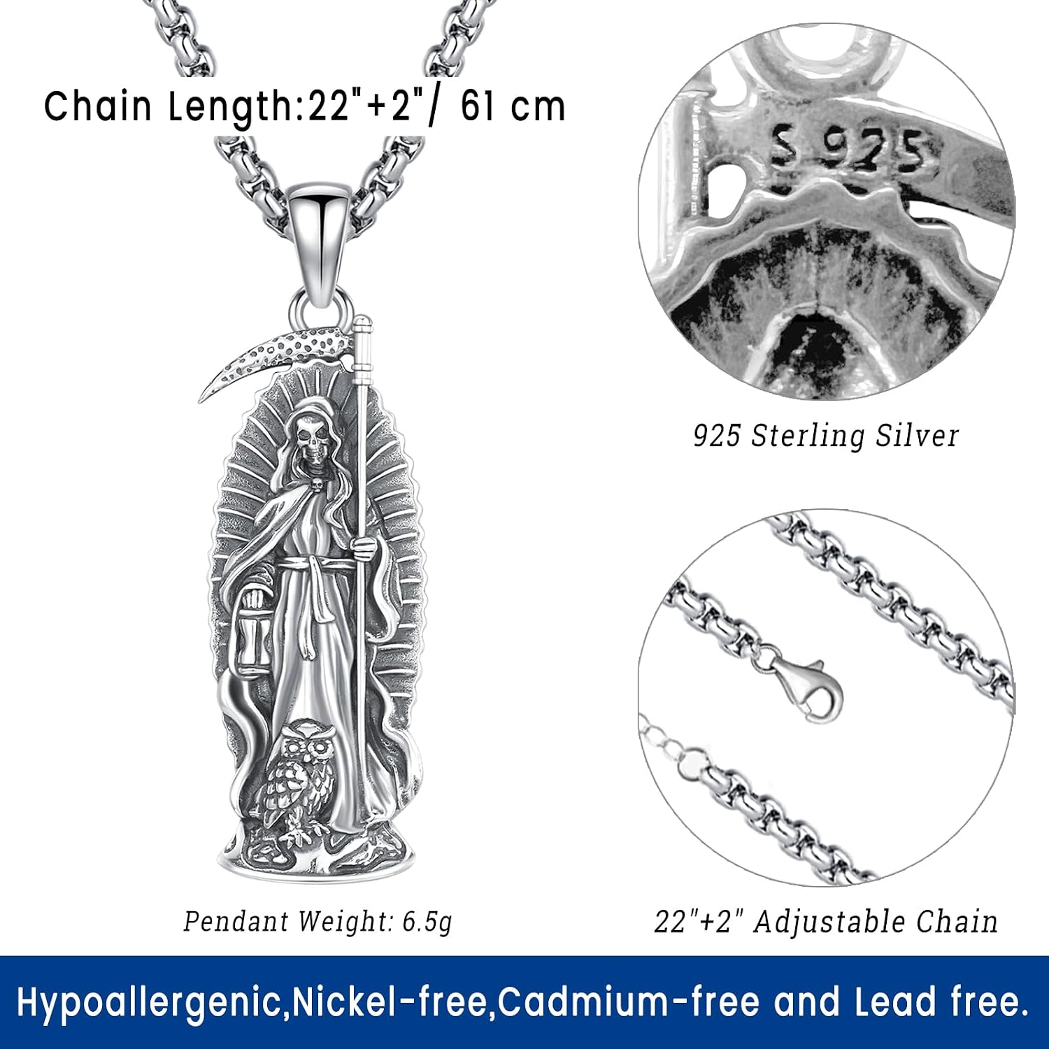 Eusense La Santa Muerte Necklace for Men Women - Gold 14K 925 Sterling Silver Jewelry Cadena De La Santa Muerte Pendant Grim Reaper Scythe Skull Owl Grim Reaper Necklace