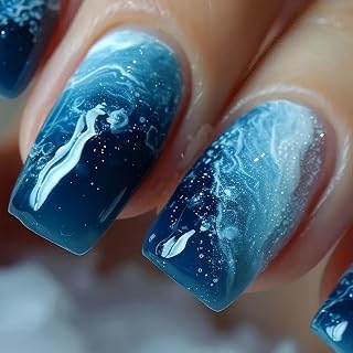 Rchovsam Medium Square Nails Press Ons Blue Press on Nails Blue Marble Designs False Nails Full Cover Artificial Acrylic Nails 24pcs-Deep Ocean Waves