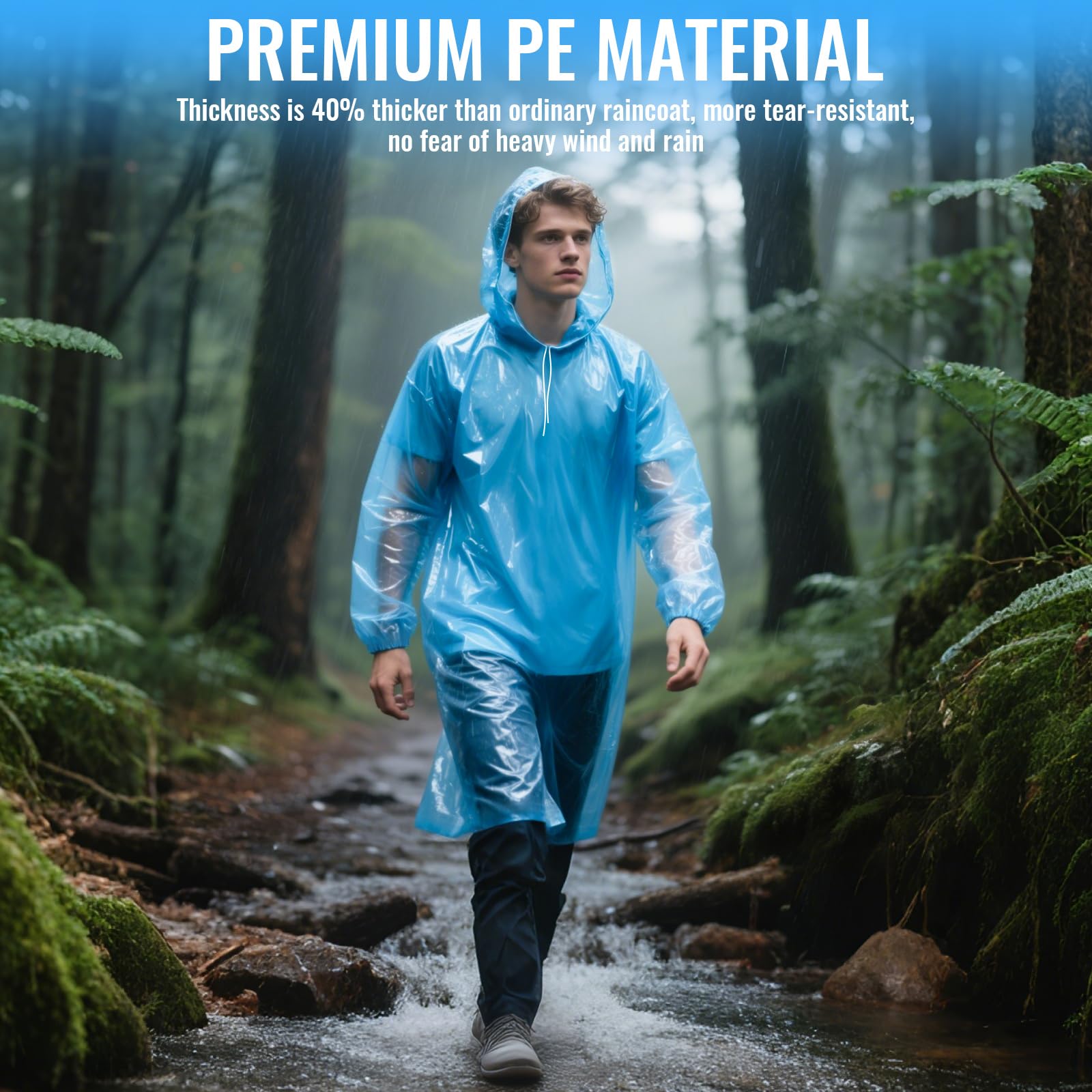 GAOHUI Lot de 4 Ponchos de Pluie Jetables Adultes Adolescents Capuche Protection Extérieur Transparent Bleu