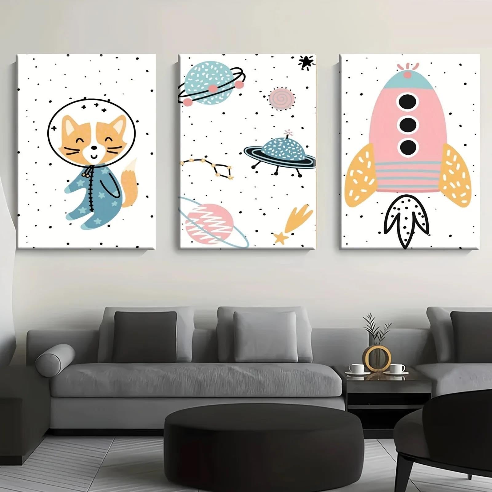Yocheng 3pcs Bohemian Nordic Style Space Themed Wall Art Poster -Astronaut, Cat, Planet And Rocket Canvas Printed 60x80cmx3 No Frame